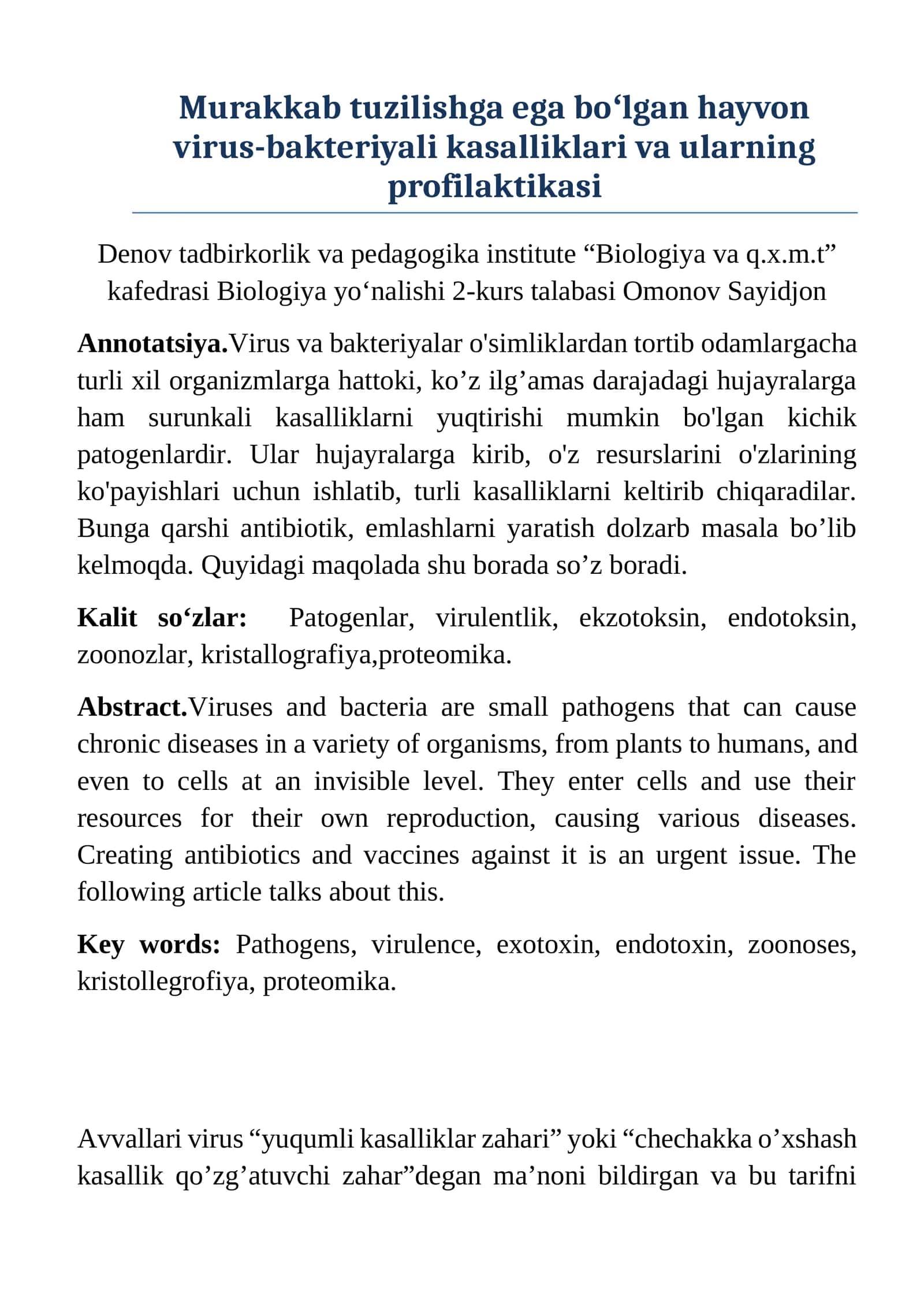 Virus-bakteriyali kasalliklar va ularning profilaktikasi