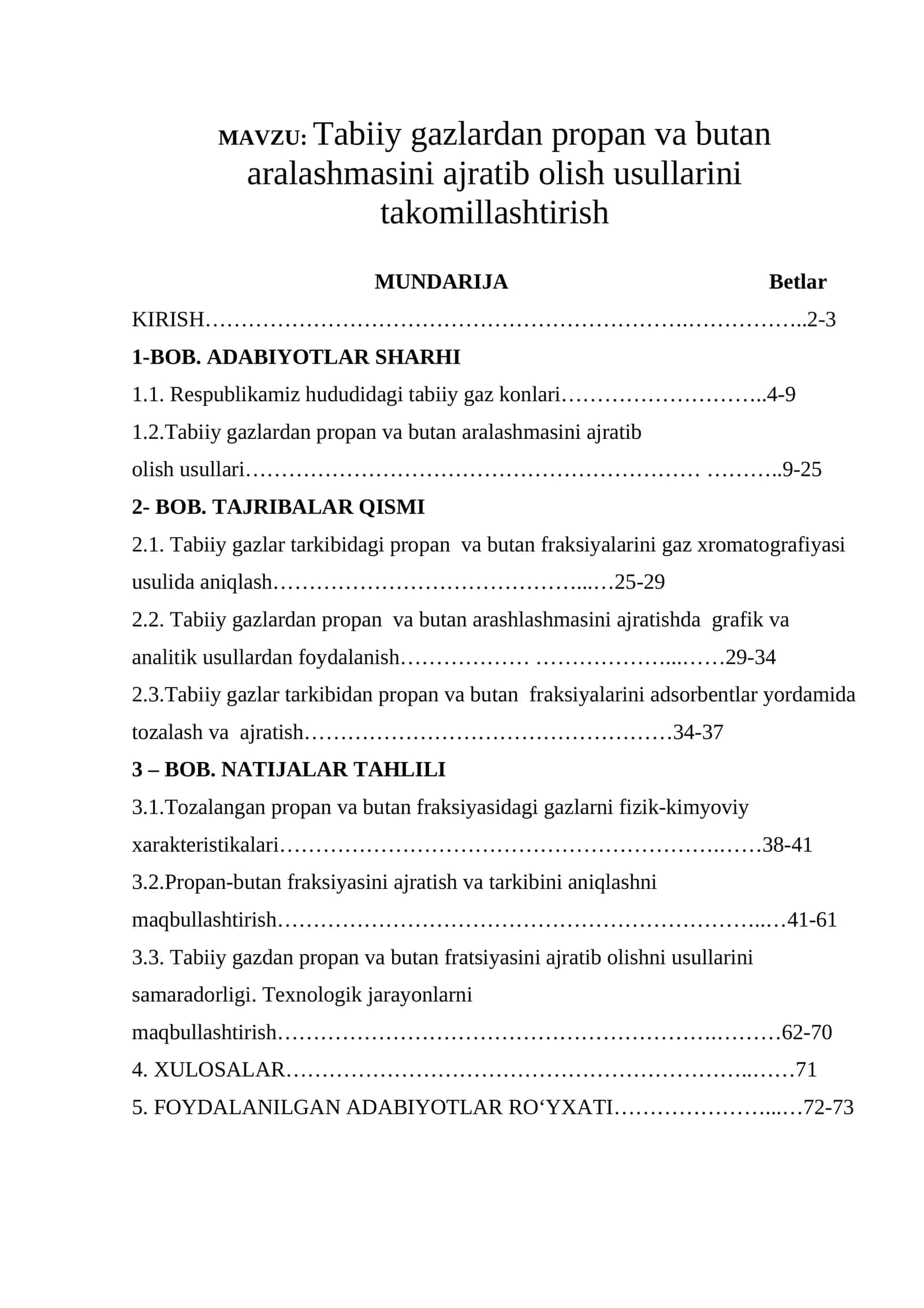Tabiiy gazlardan propan va butan aralashmasini ajratib olish usullarini takomillashtirish
