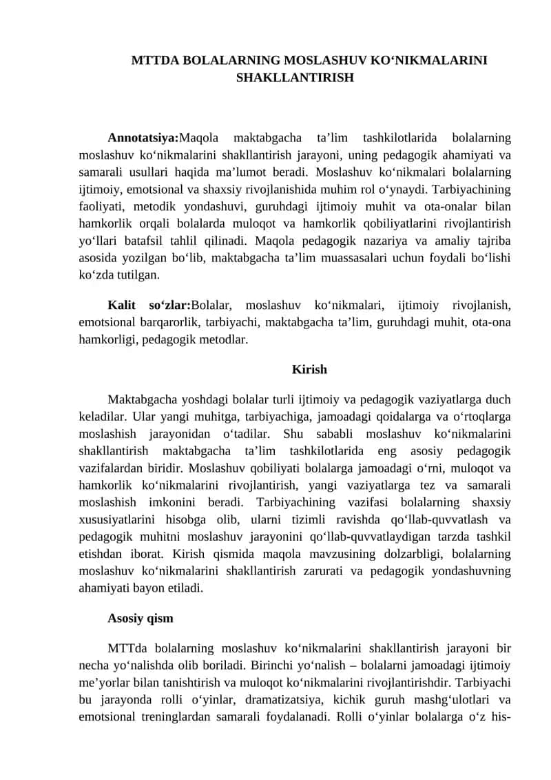 Bolalarning Moslashuv Ko‘nikmalari