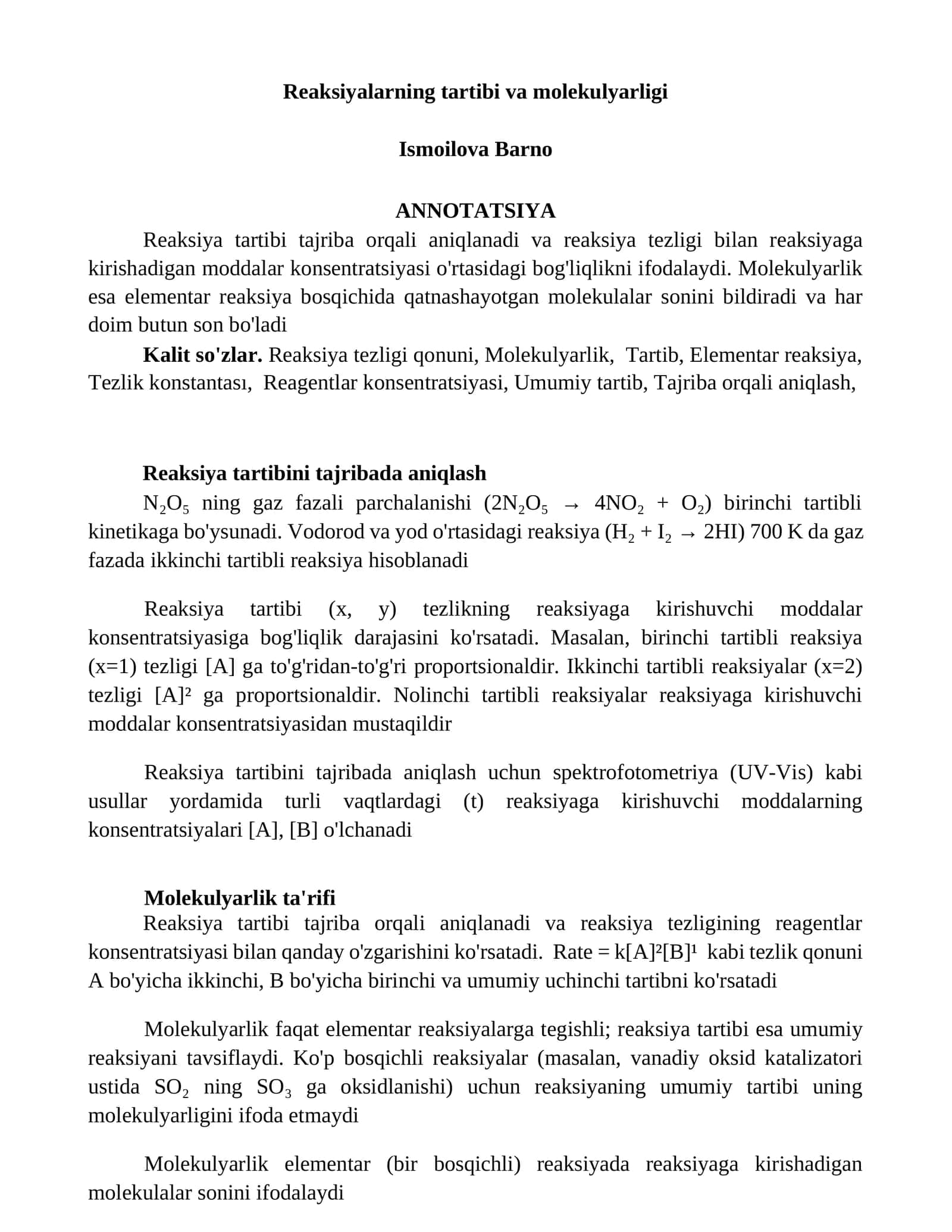 Reaksiyalarning tartibi va molekulyarligi