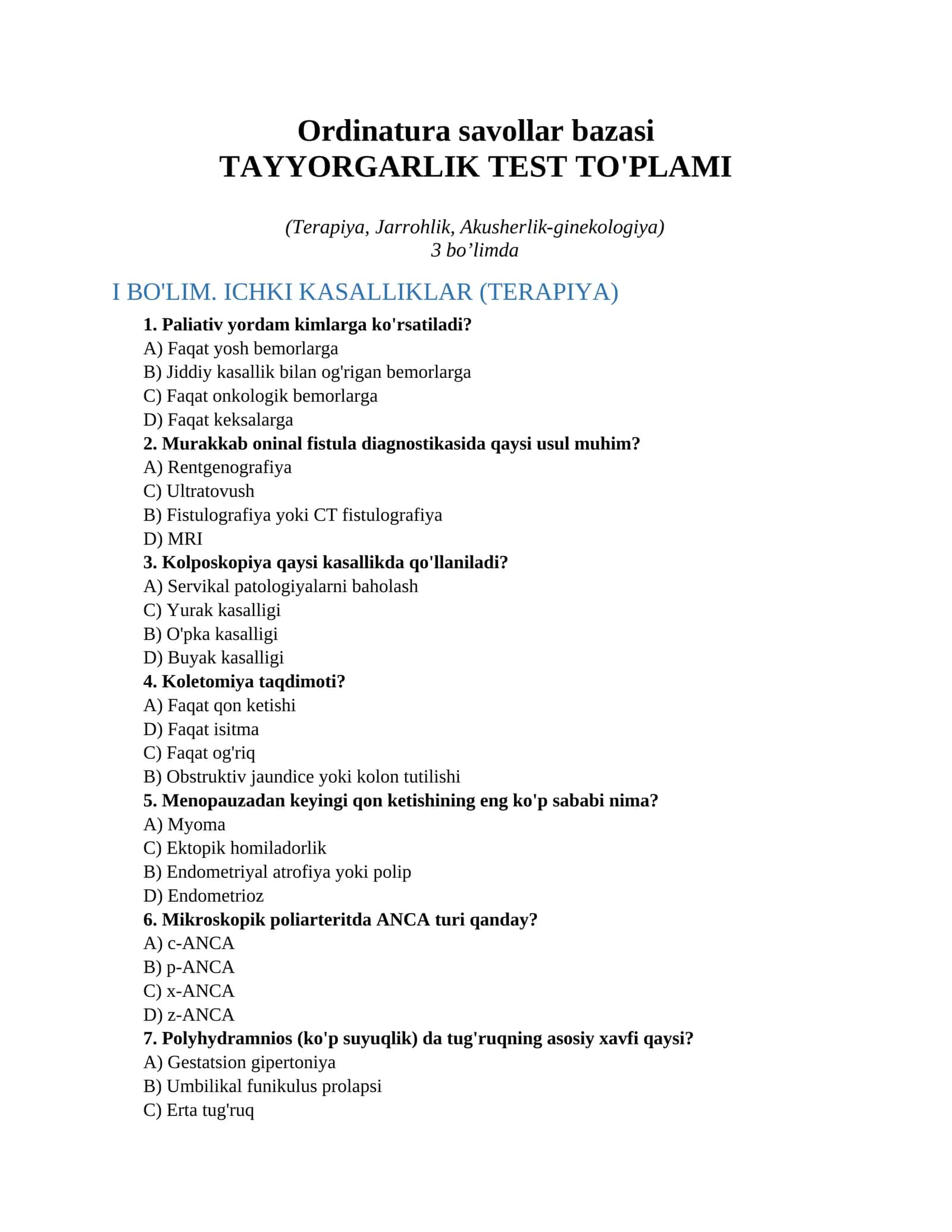 Ordinatura savollar bazasi