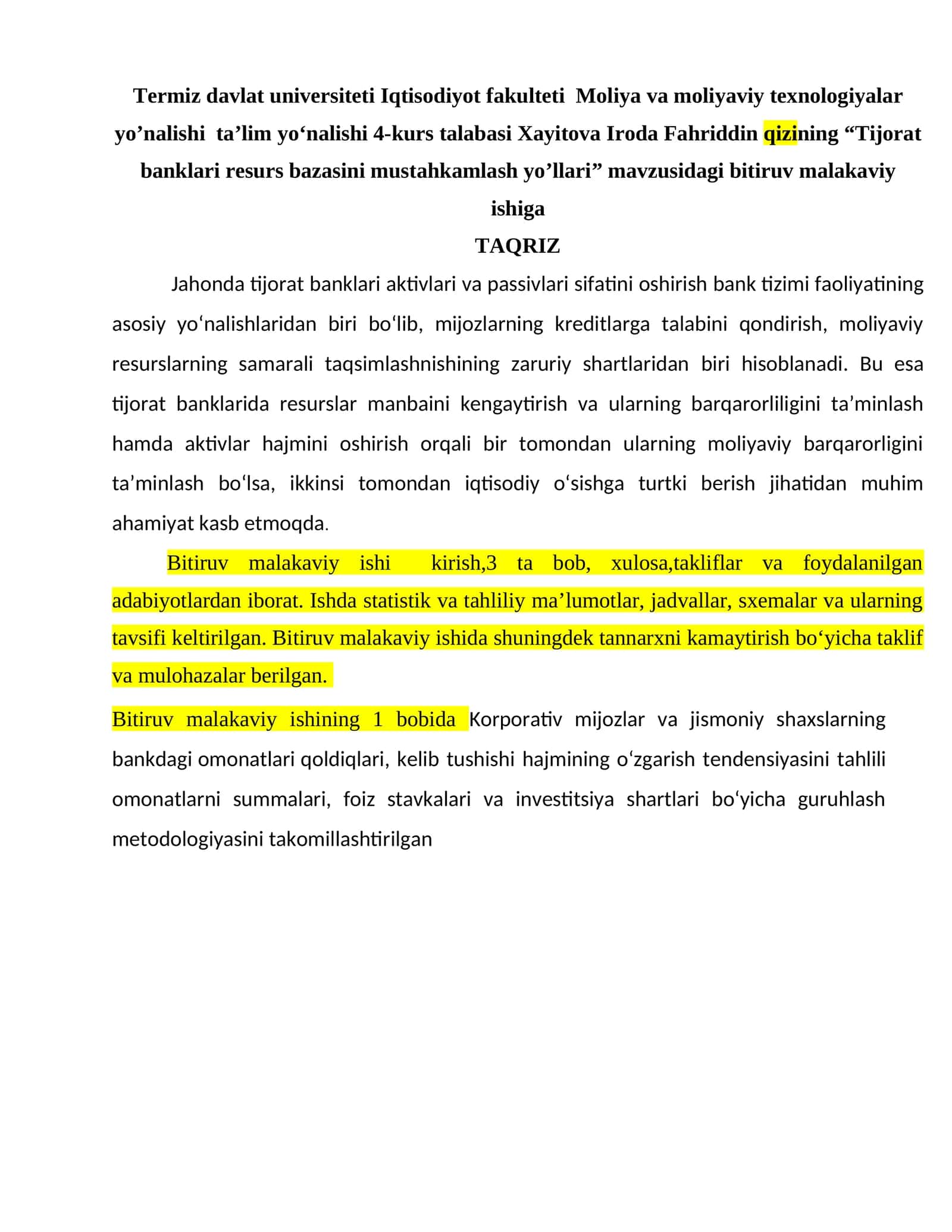Tijorat banklari resurs bazasini mustahkamlash yo’llari
