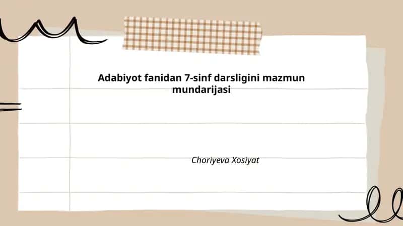 Adabiyot fanidan 7-sinf darsligini mazmun mundarijasi