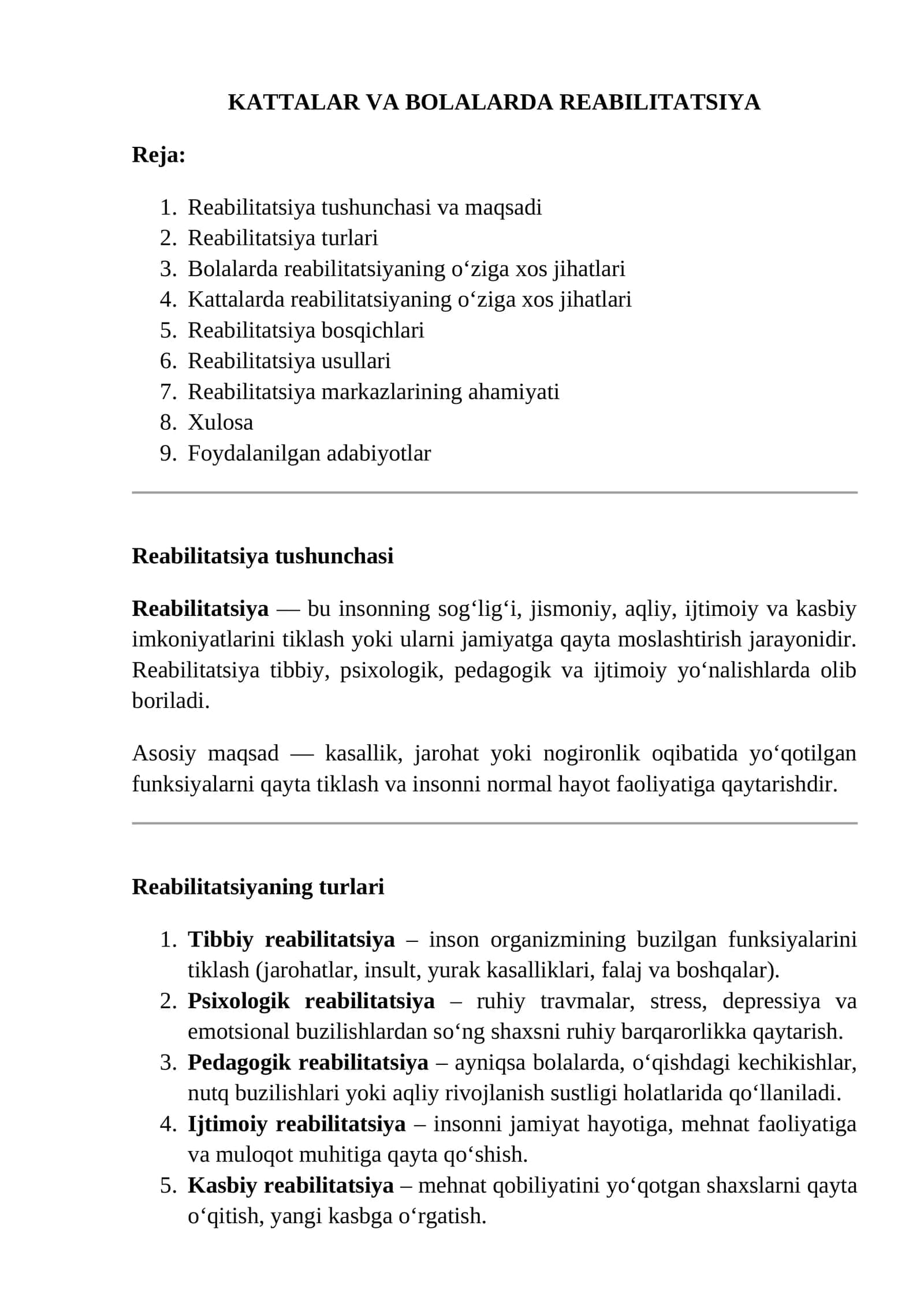 KATTALAR VA BOLALARDA REABILITATSIYA
