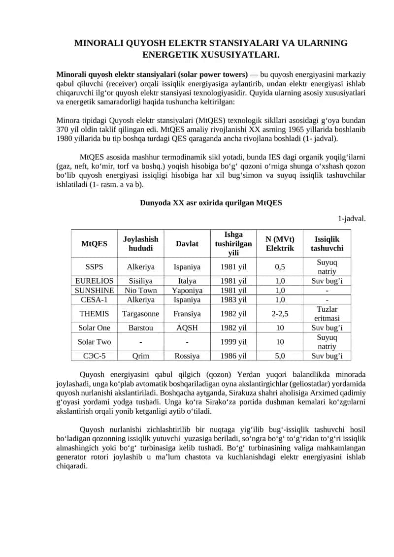 Minorali quyosh elektr stansiyalari va ularning energetik xususiyatlari