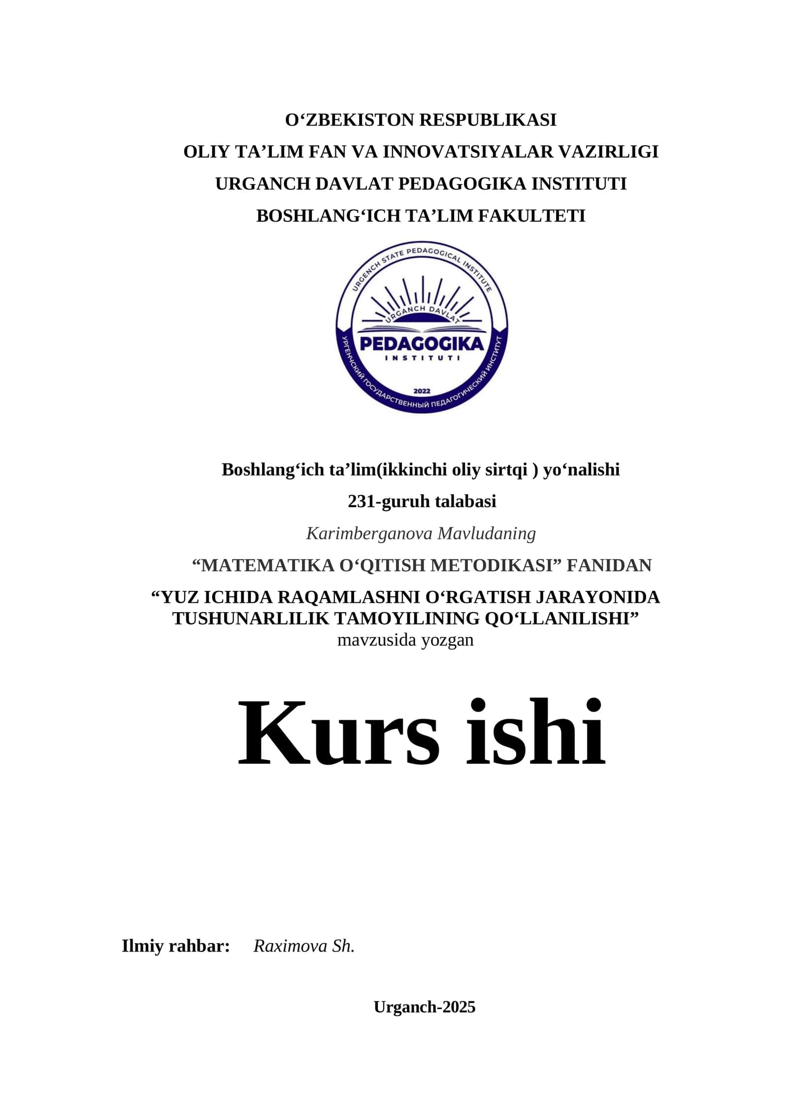 YUZ ICHIDA RAQAMLASHNI O‘RGATISH JARAYONIDA TUSHUNARLILIK TAMOYILINING QO‘LLANILISHI