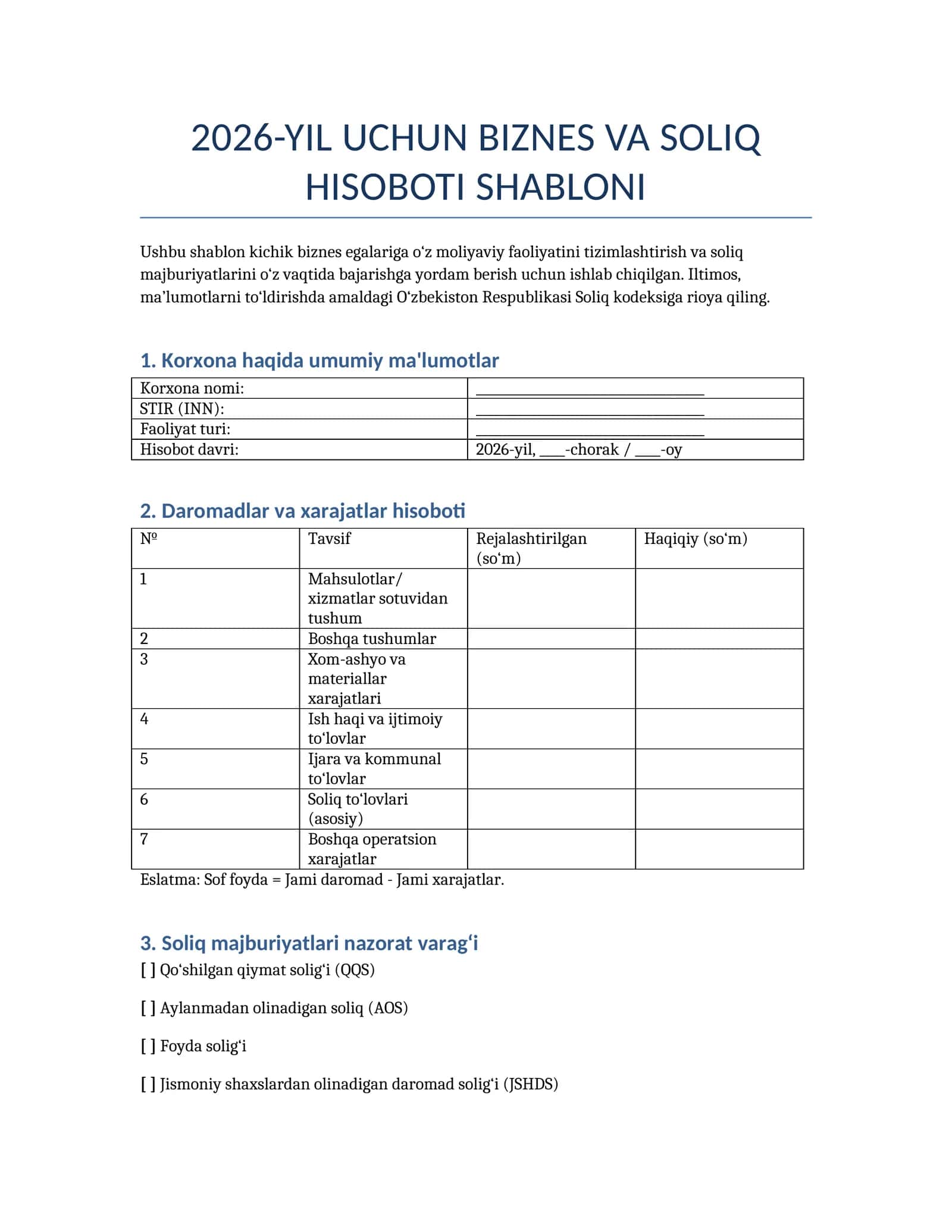 2026-YIL UCHUN BIZNES VA SOLIQ HISOBOTI SHABLONI