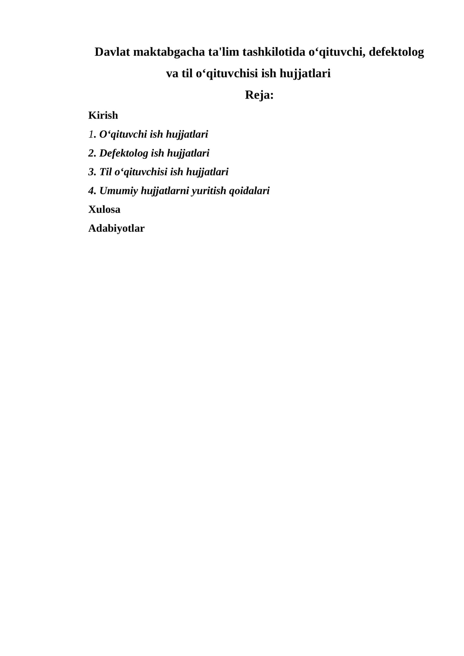 O‘qituvchi, defektolog va til o‘qituvchisi ish hujjatlari