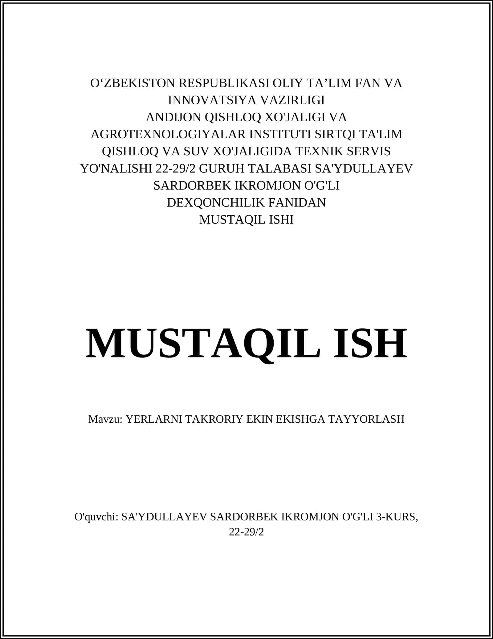 YERLARNI TAKRORIY EKIN EKISHGA TAYYORLASH