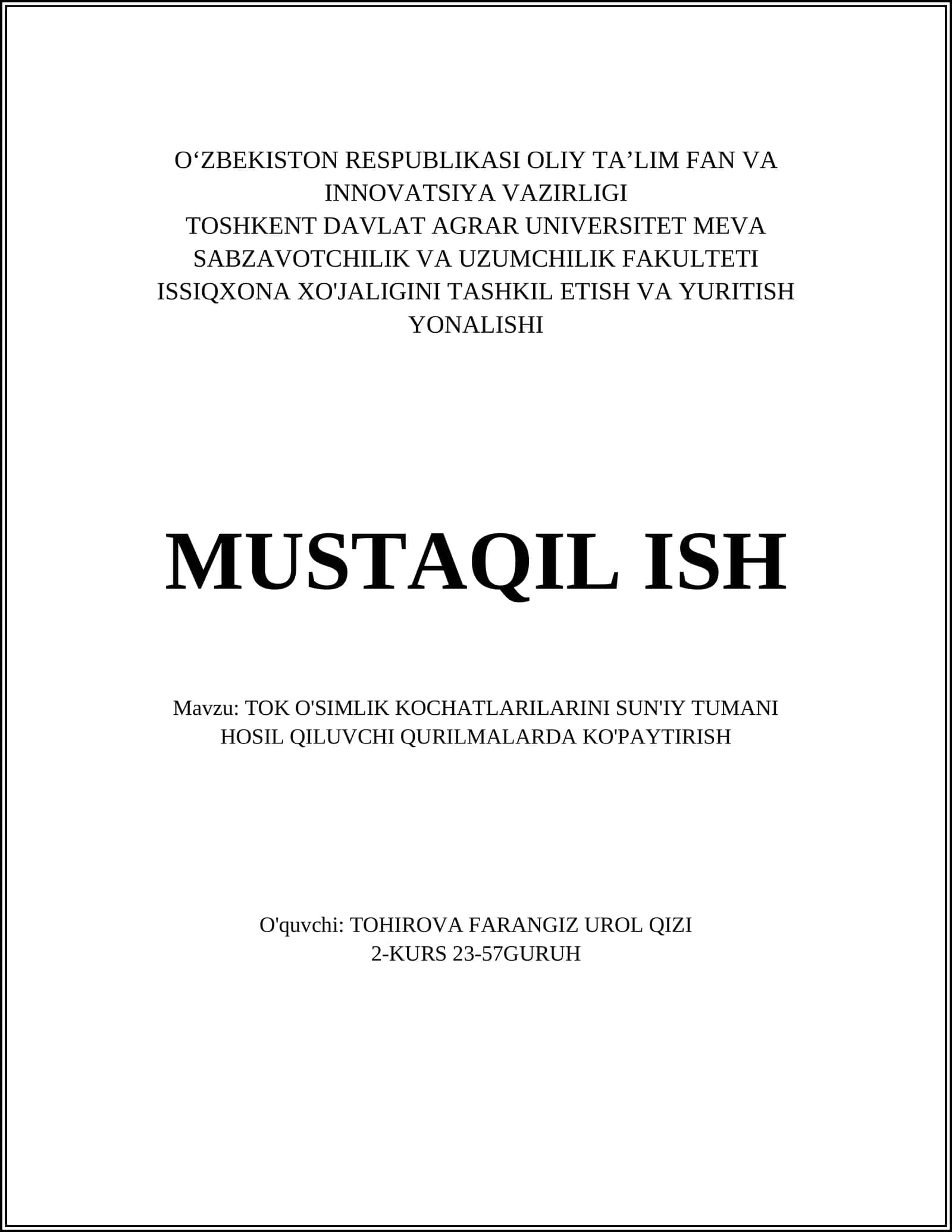 TOK O'SIMLIK KOCHATLARILARINI SUN'IY TUMANI HOSIL QILUVCHI QURILMALARDA KO'PAYTIRISH