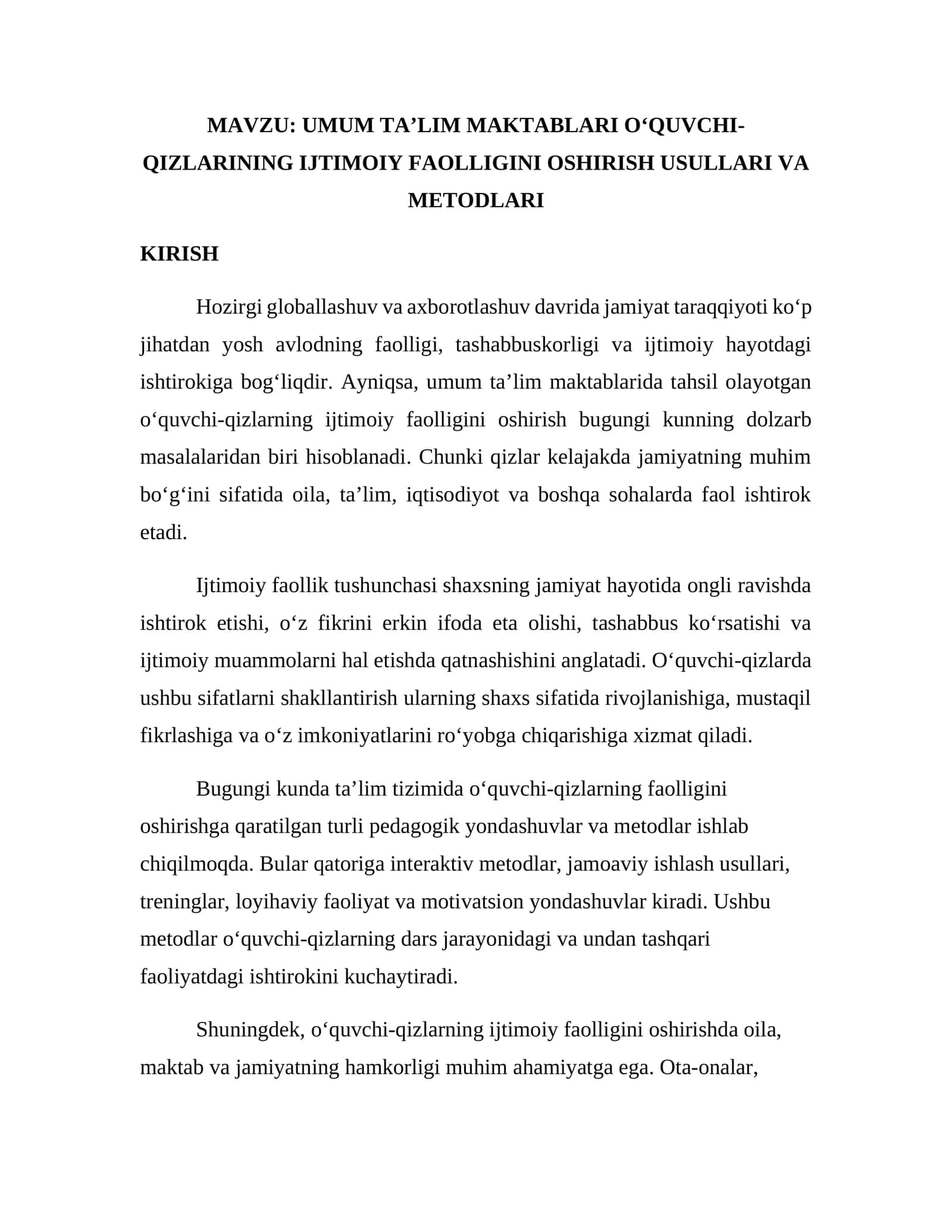 UMUM TA’LIM MAKTABLARI O‘QUVCHI-QIZLARINING IJTIMOIY FAOLLIGINI OSHIRISH USULLARI VA METODLARI