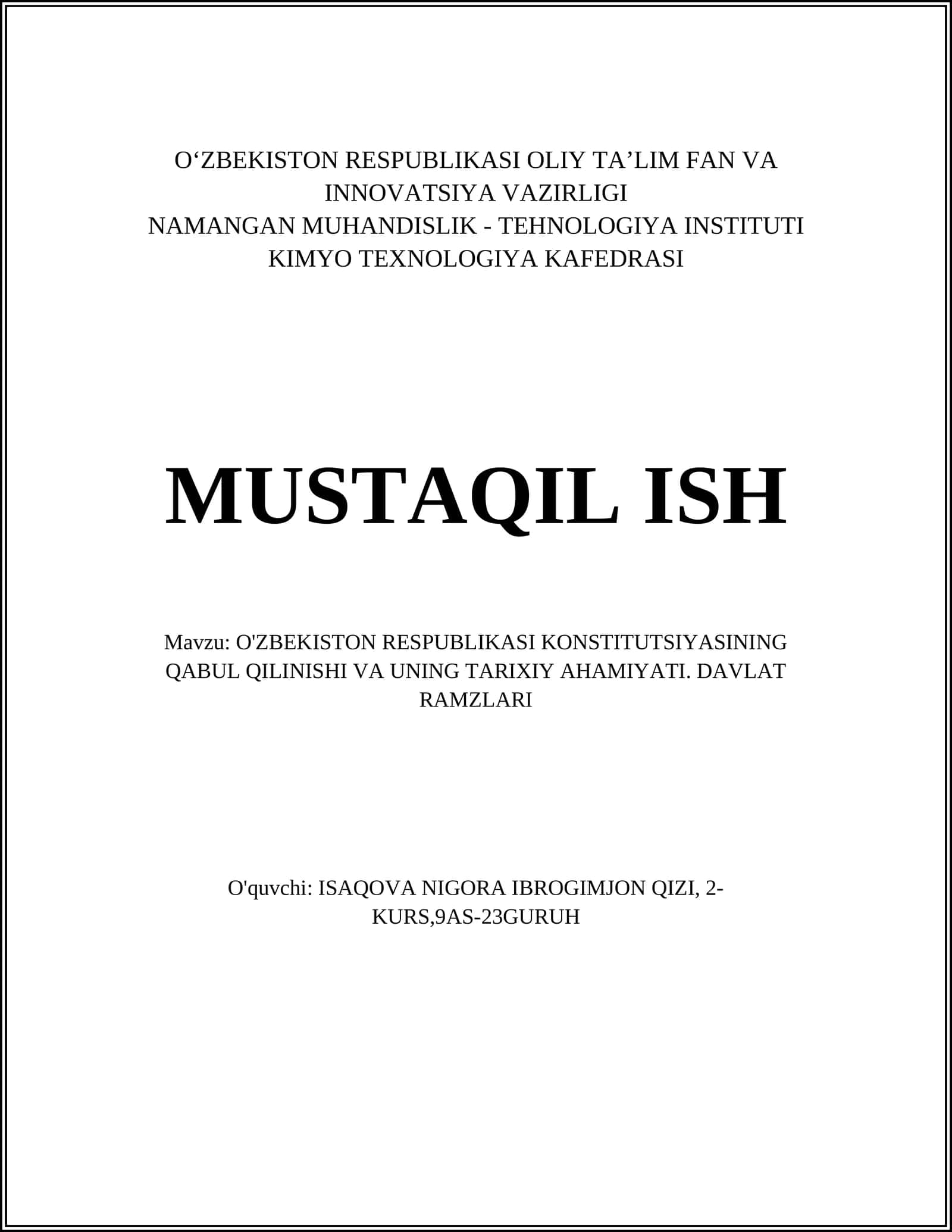 Oʻzbekiston Respublikasi Konstitutsiyasining qabul qilinishi va uning tarixiy ahamiyati