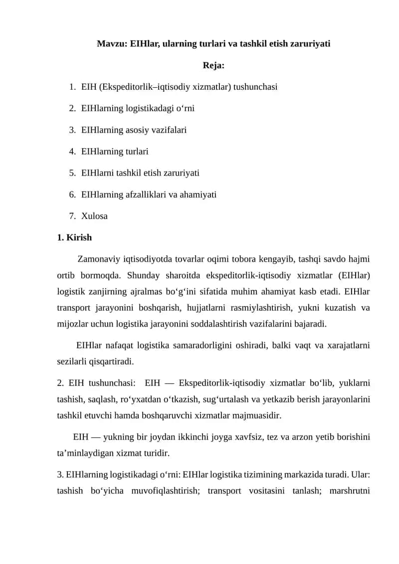 EIHlar, ularning turlari va tashkil etish zaruriyati