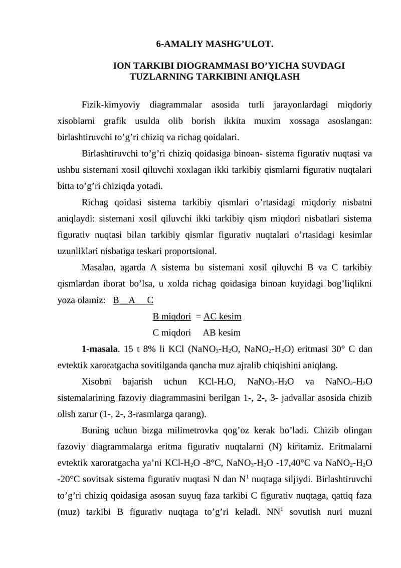 Ion tarkibi diogrammasi bo’yicha suvdagi tuzlarning tarkibini aniqlash