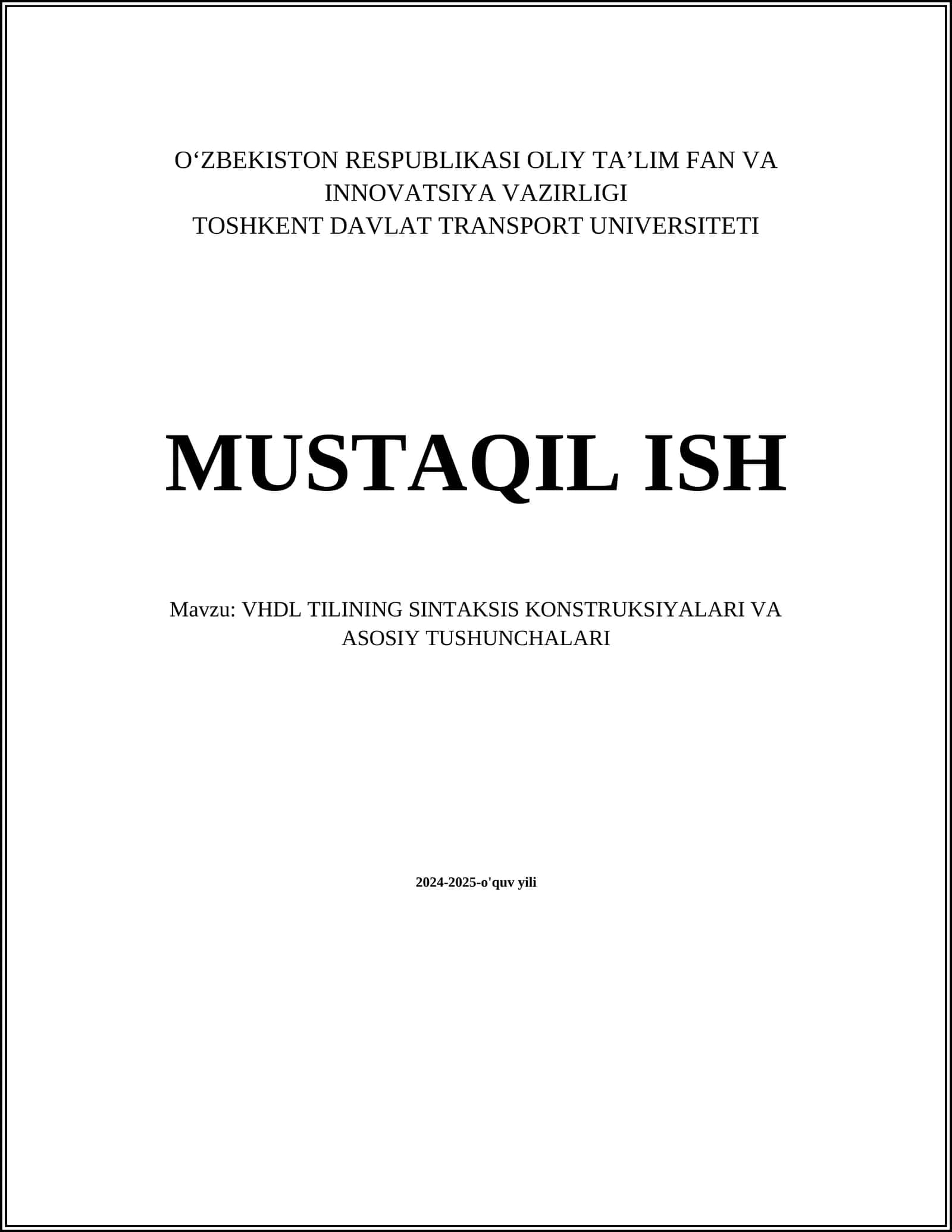 VHDL Tilining Sintaksis Konstruksiyalari va Asosiy Tushunchalari