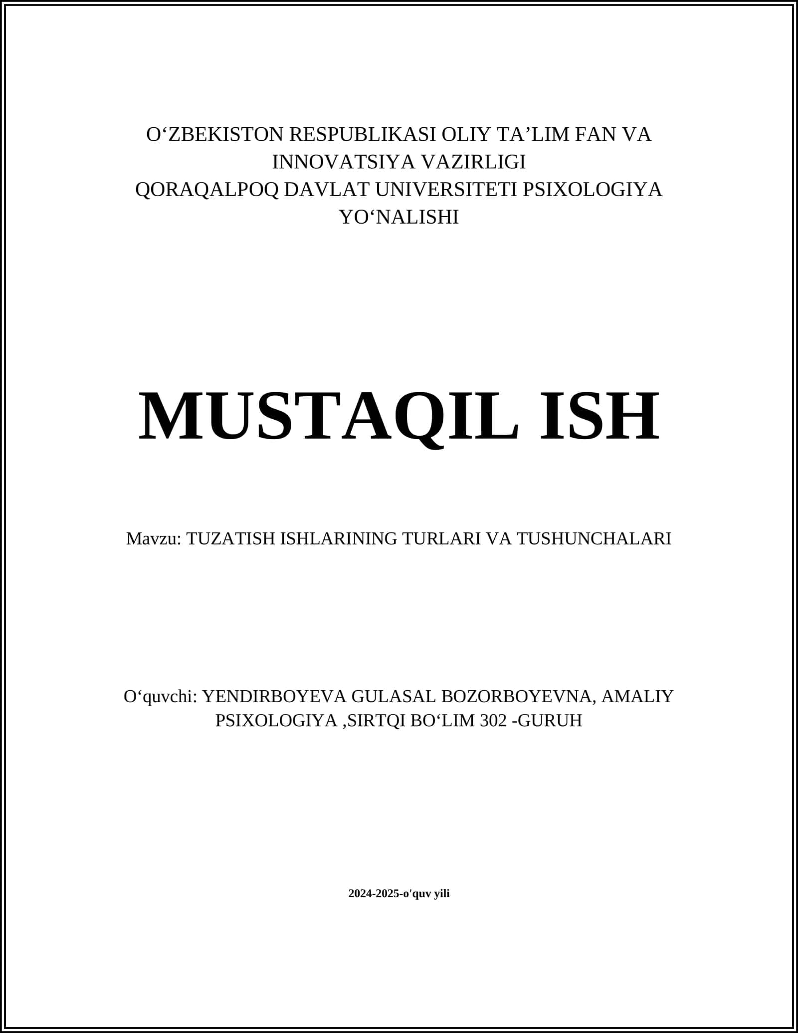 TUZATISH ISHLARINING TURLARI VA TUSHUNCHALARI
