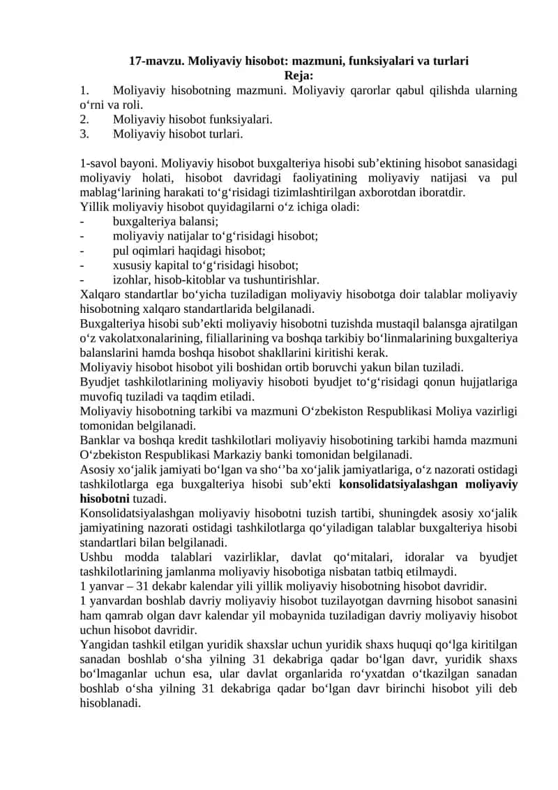 Moliyaviy hisobot: mazmuni, funksiyalari va turlari