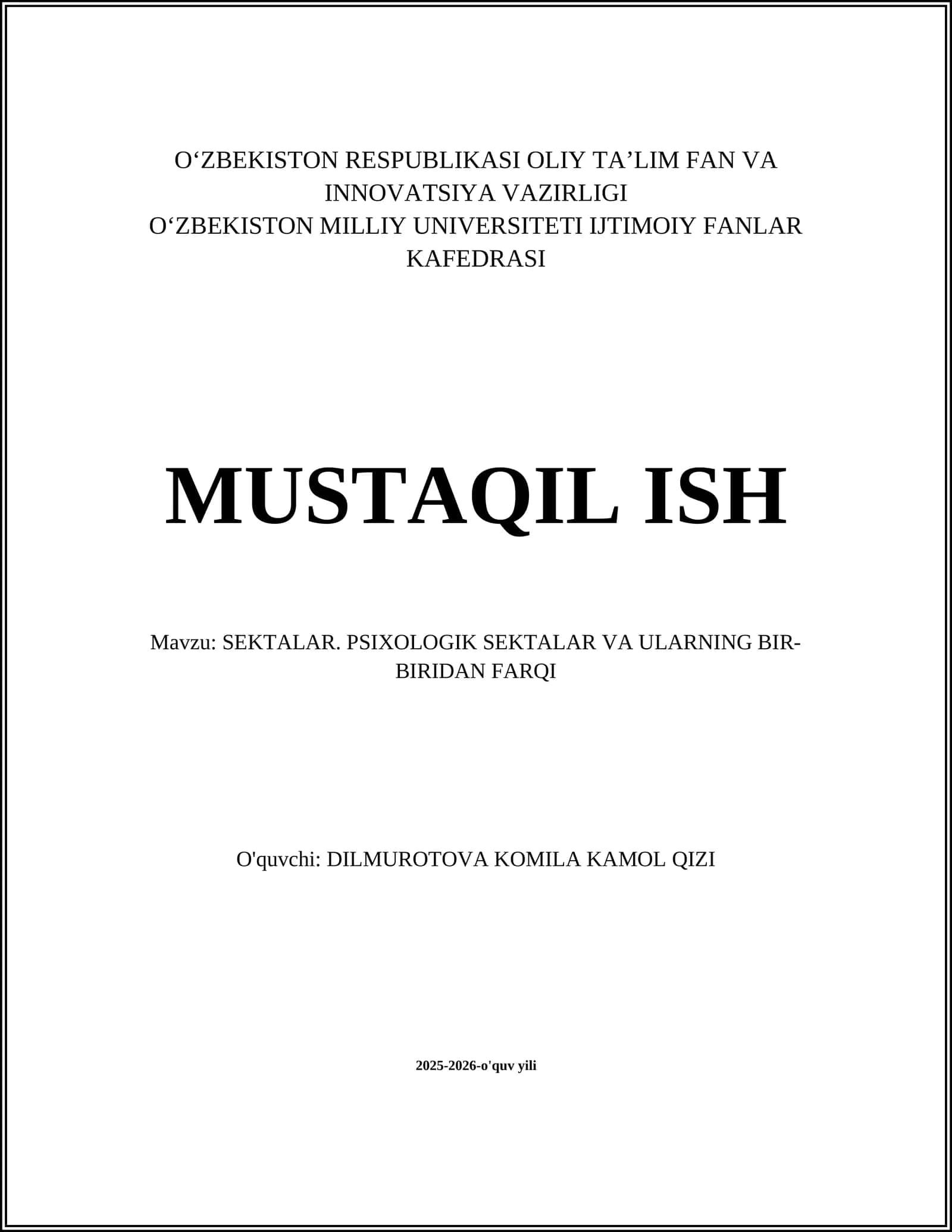 SEKTALAR. PSIXOLOGIK SEKTALAR VA ULARNING BIR-BIRIDAN FARQI