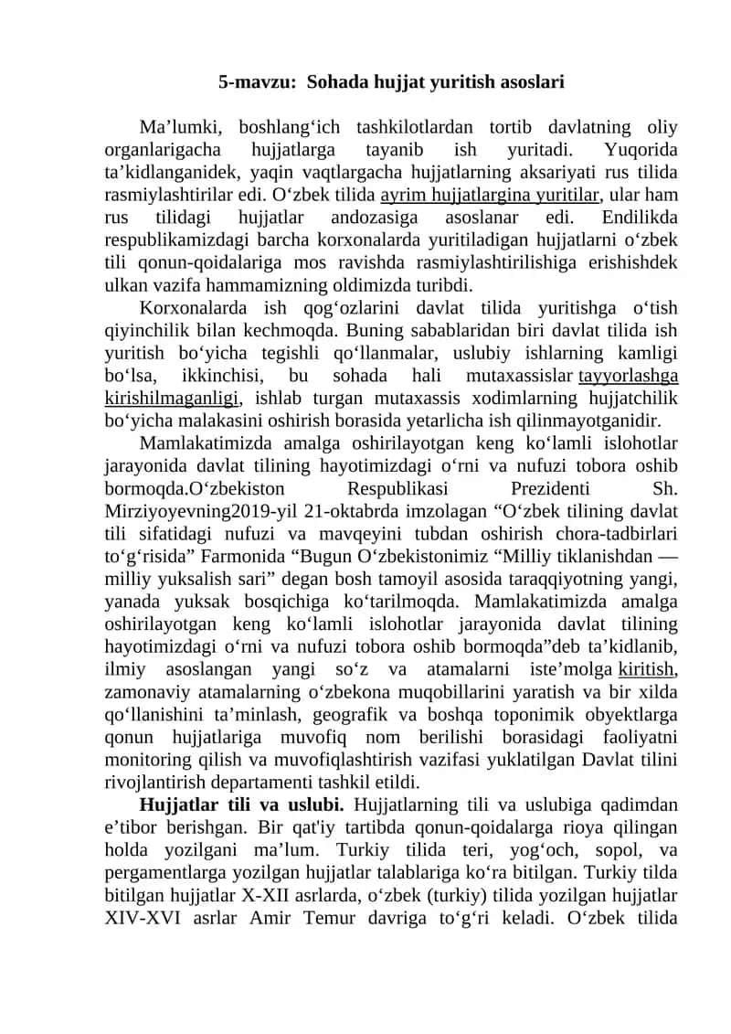 5-Mavzu: Sohada Hujjat Yuritish Asoslari