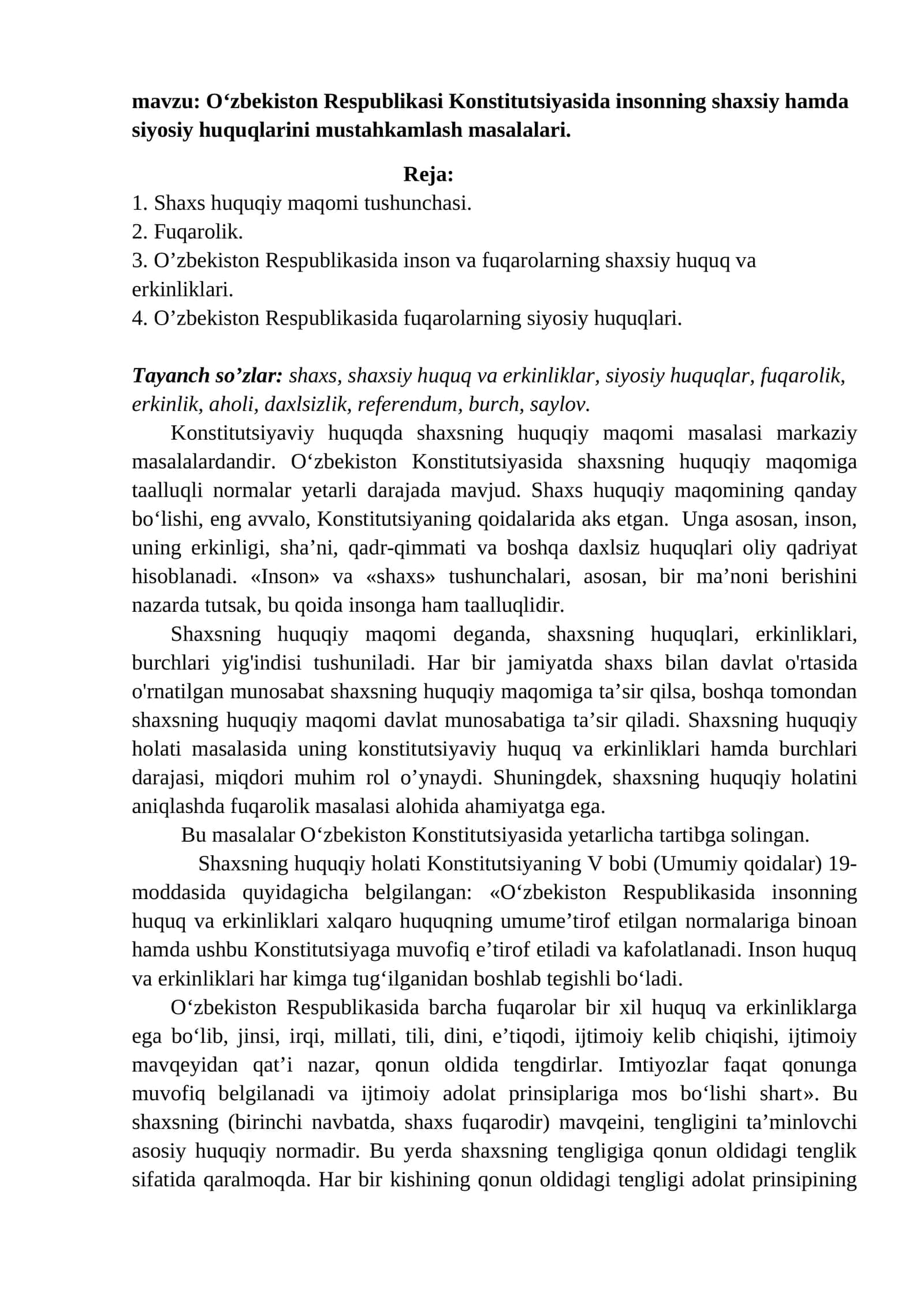 O'zbekiston Respublikasi Konstitutsiyasida Insonning Shaxsiy va Siyosiy Huquqlari