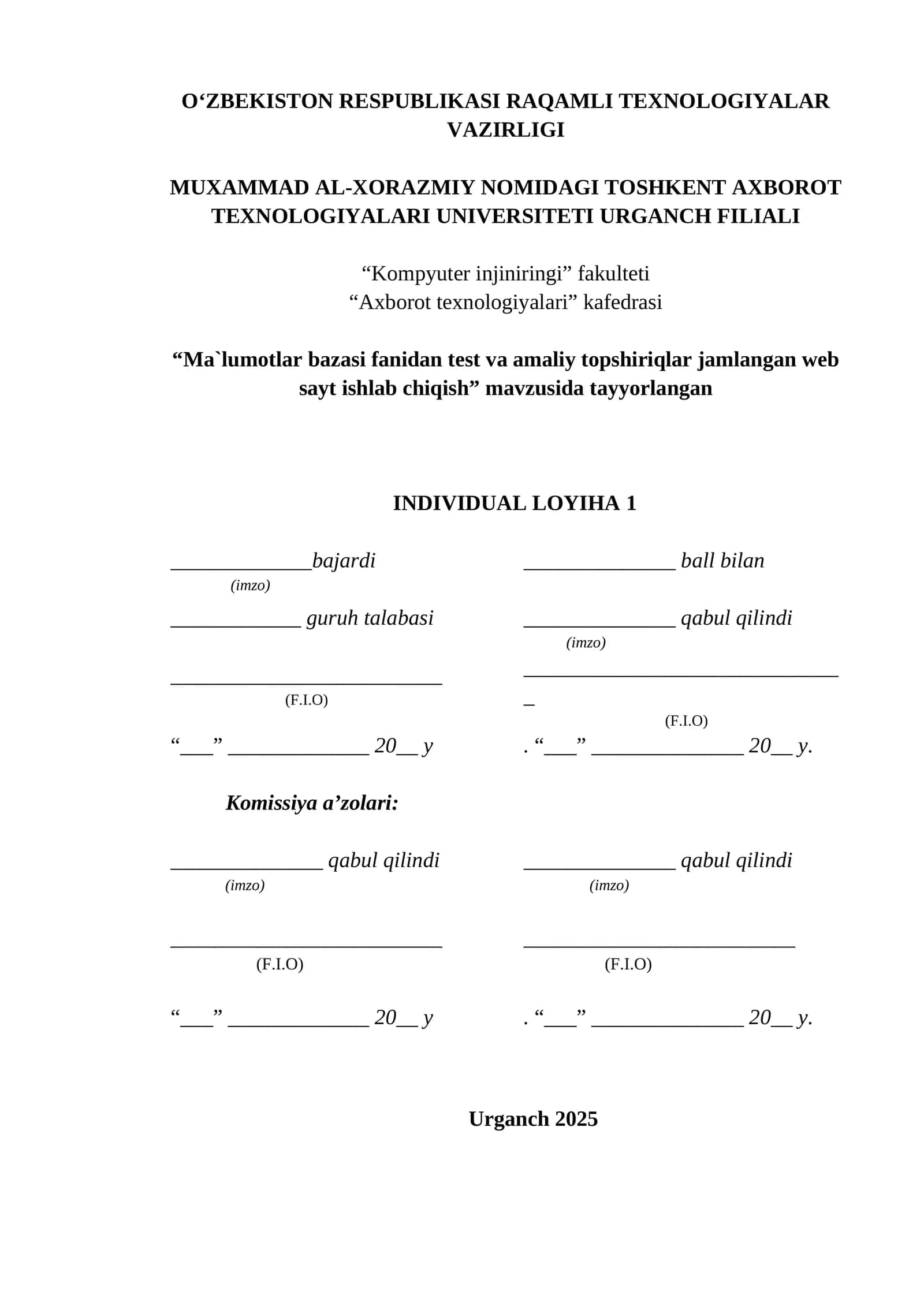 Ma`lumotlar bazasi fanidan test va amaliy topshiriqlar jamlangan web sayt ishlab chiqish