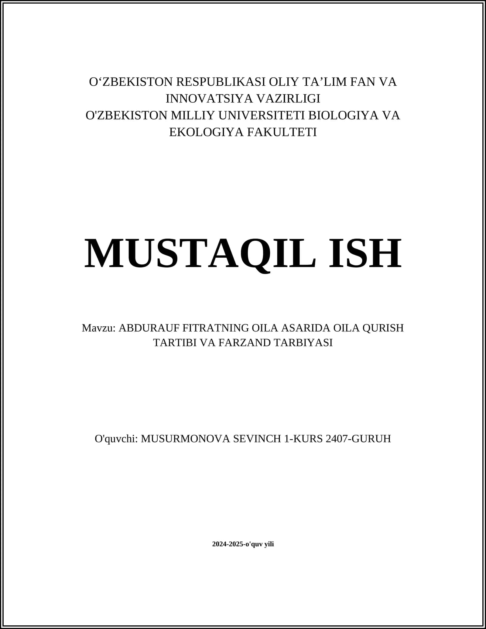 ABDURAUF FITRATNING OILA ASARIDA OILA QURISH TARTIBI VA FARZAND TARBIYASI