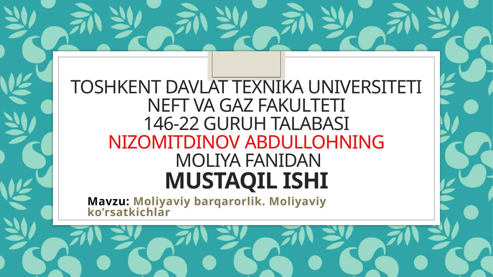 Moliyaviy barqarorlik. Moliyaviy ko’rsatkichlar