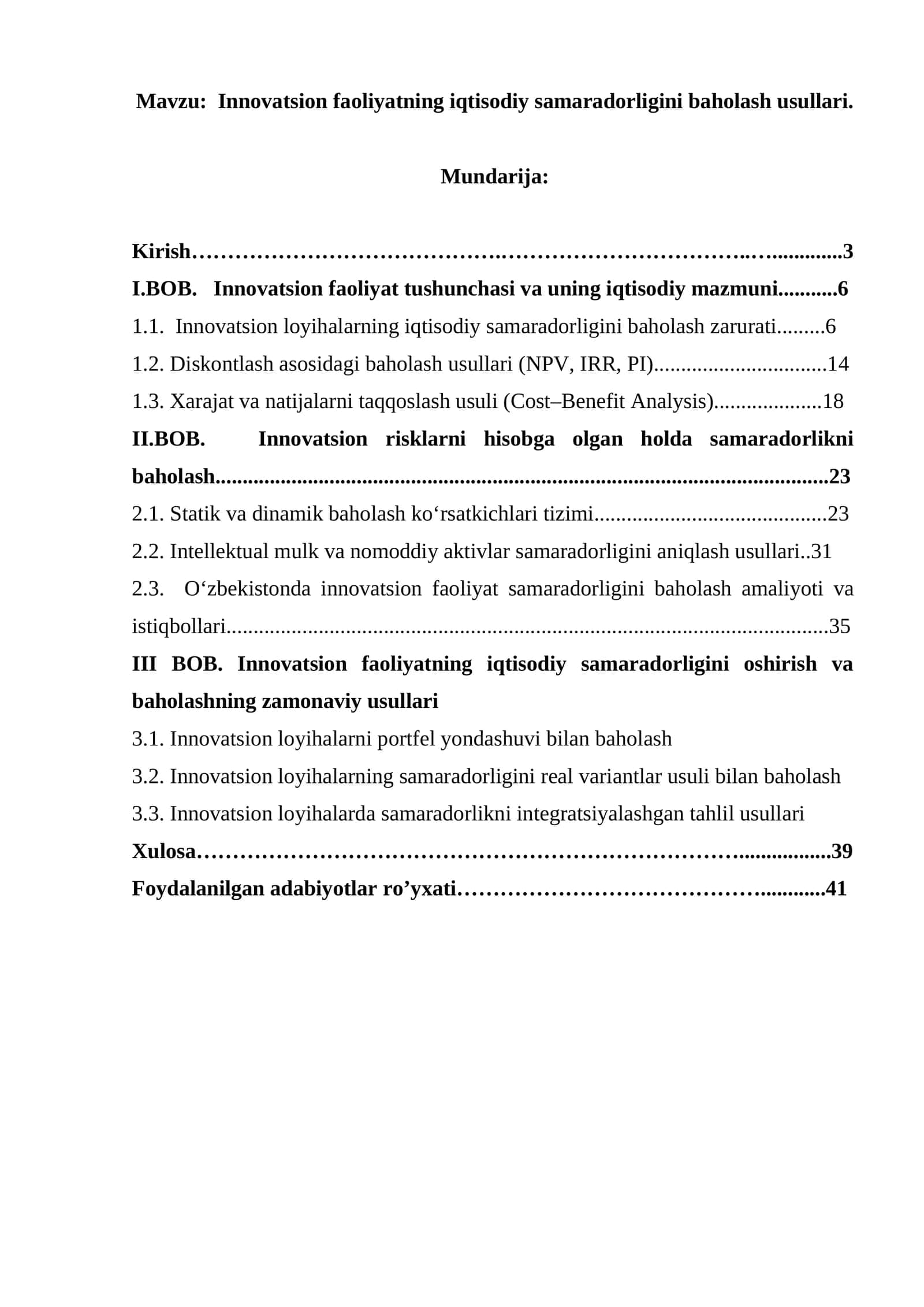 Innovatsion faoliyatning iqtisodiy samaradorligini baholash usullari