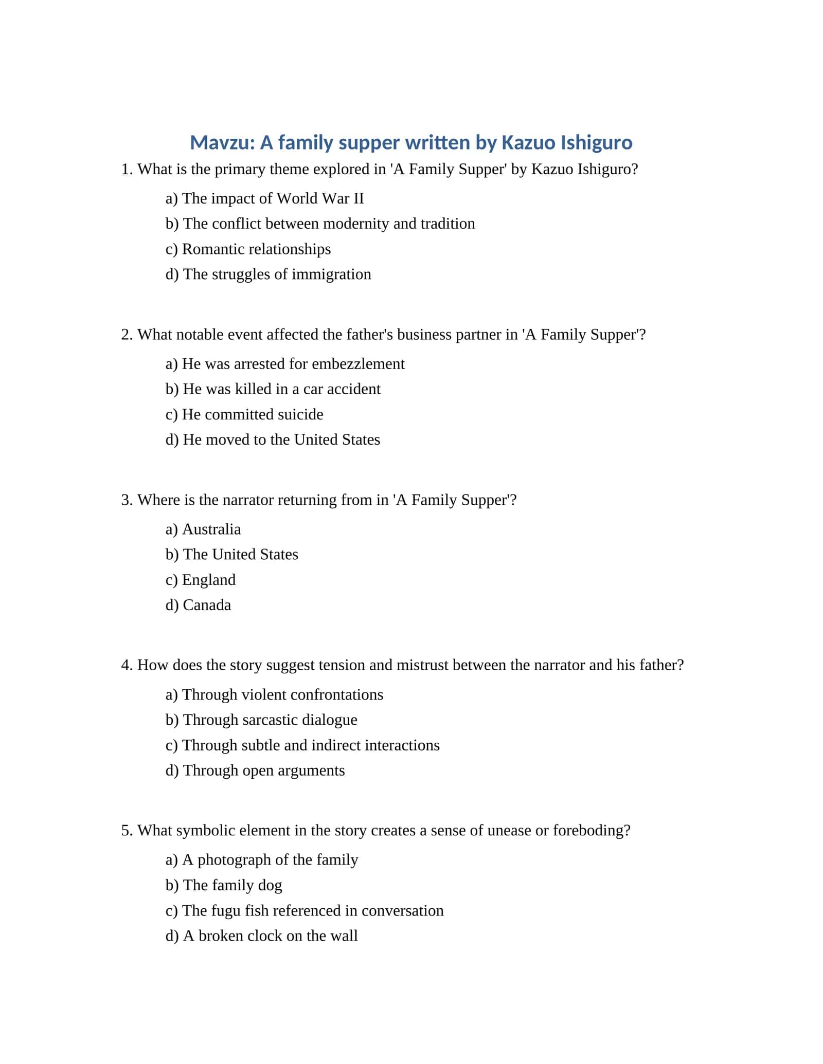 A family supper written by Kazuo Ishiguro