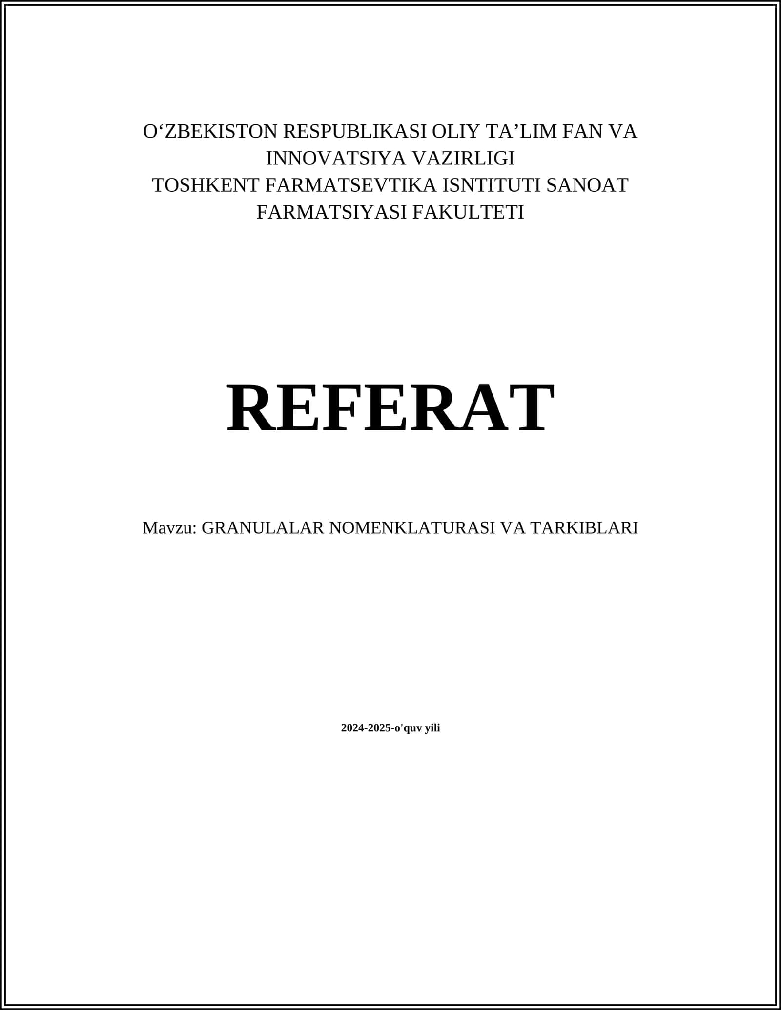GRANULALAR NOMENKLATURASI VA TARKIBLARI