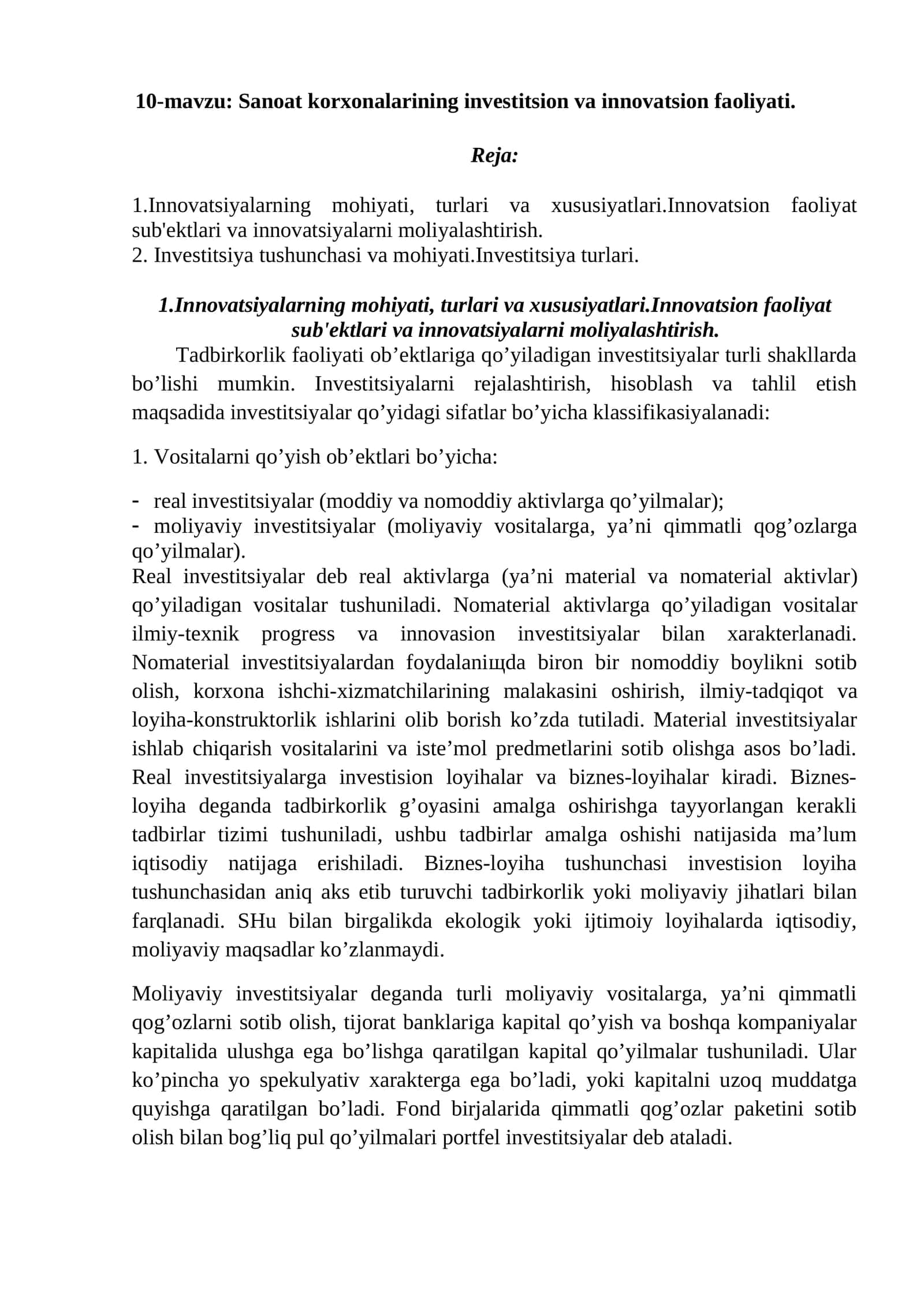Sanoat korxonalarining investitsion va innovatsion faoliyati