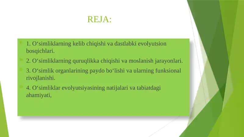 O'simliklarni kelib chiqishi va organlarning paydo bo'lishi