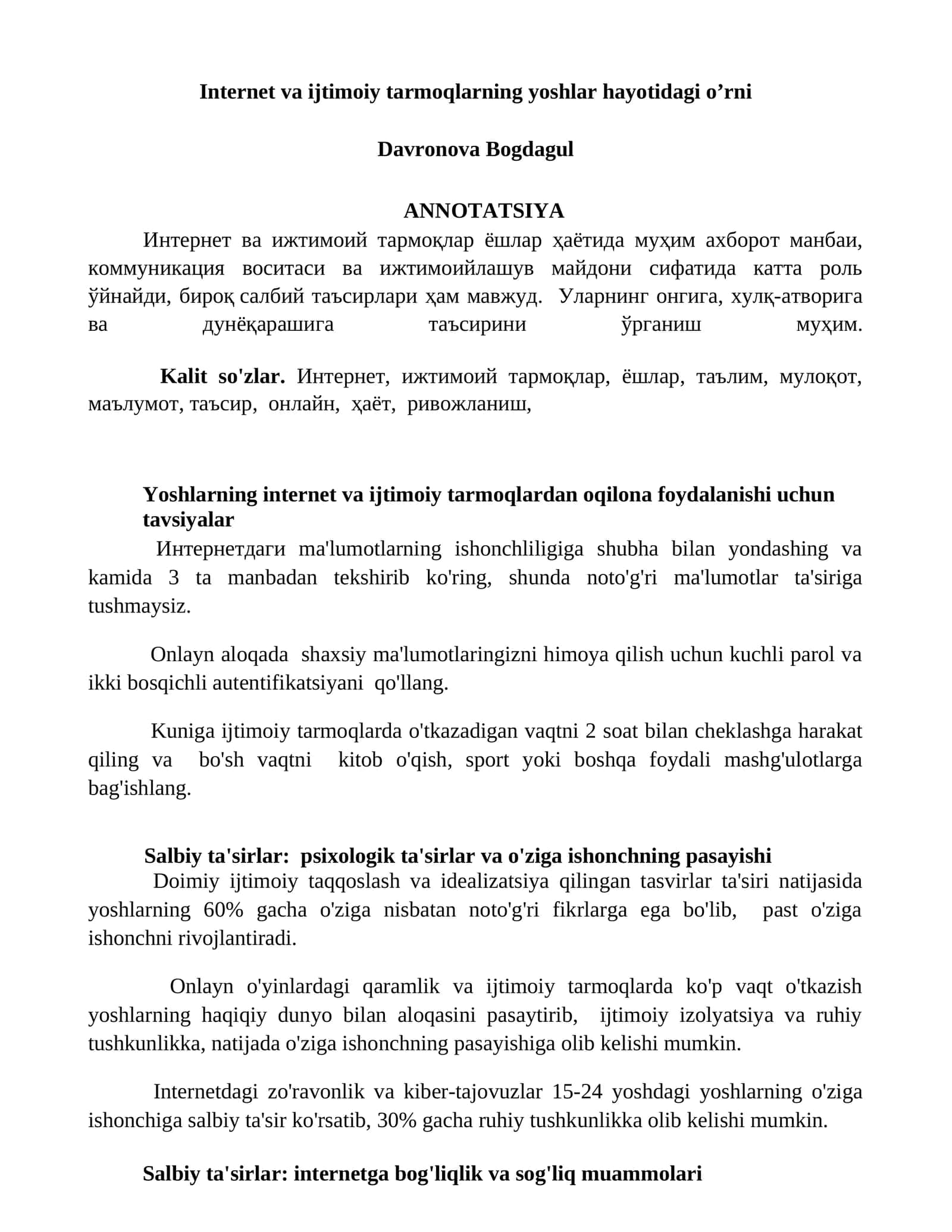 Internet va ijtimoiy tarmoqlarning yoshlar hayotidagi o’rni