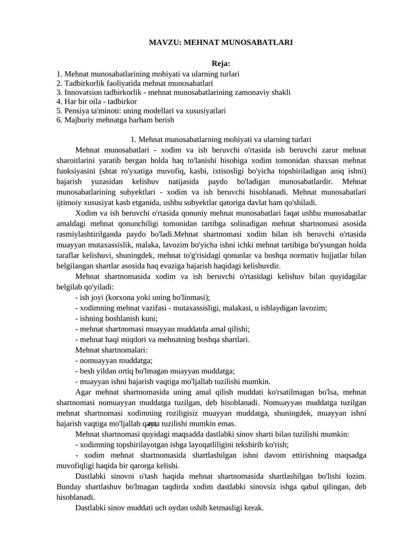 MEHNAT MUNOSABATLARI