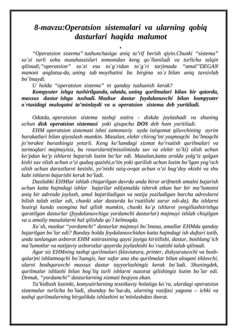 Operatsion sistemalari va ularning qobiq dasturlari