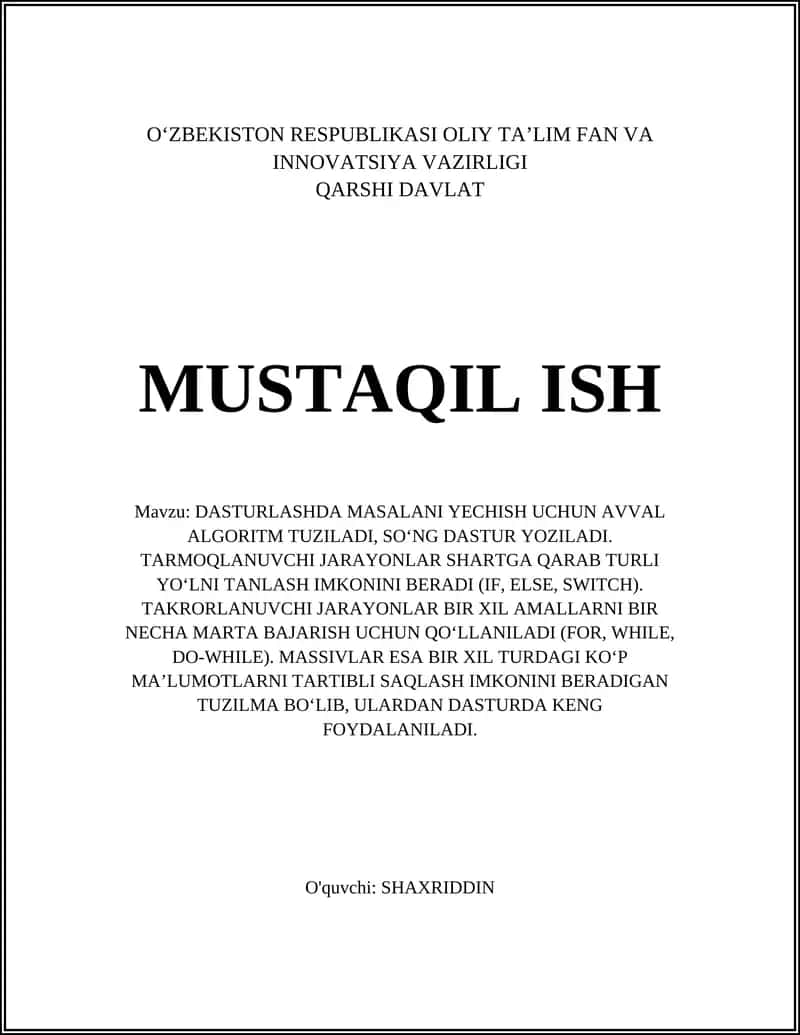 Algoritm tuzish bosqichlari va talablarni tahlil qilish