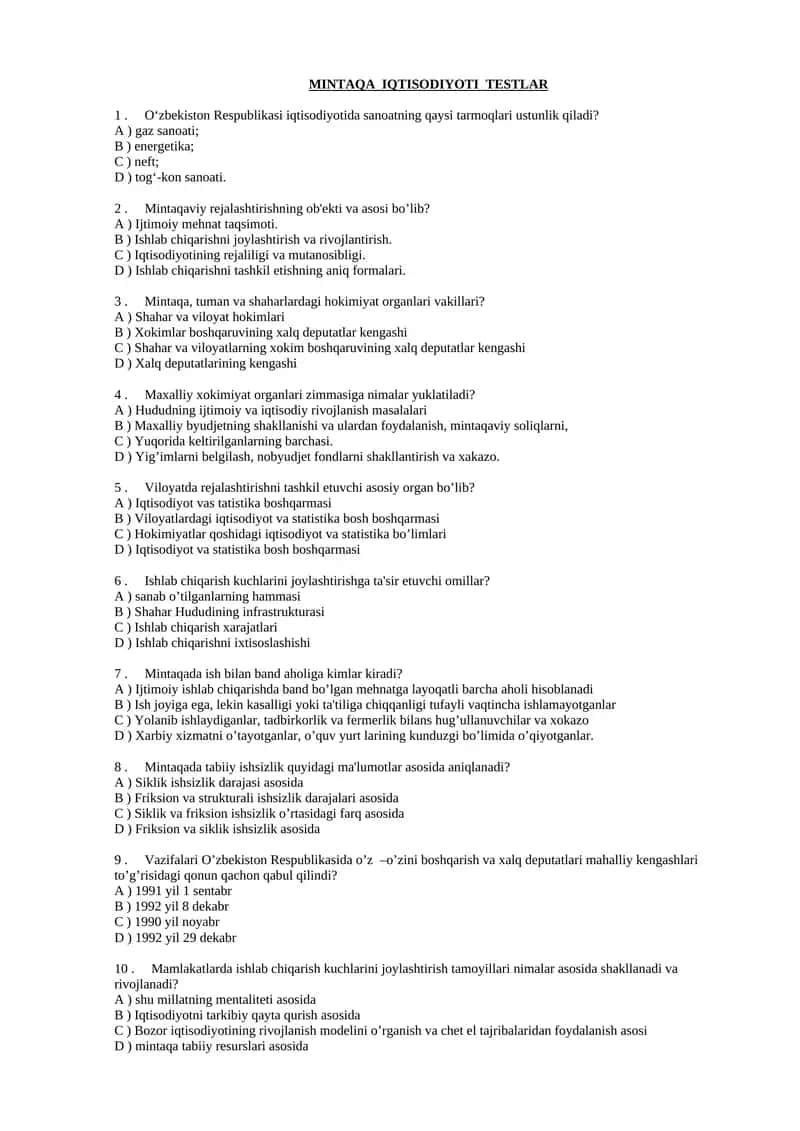 MINTAQA IQTISODIYOTI TESTLAR