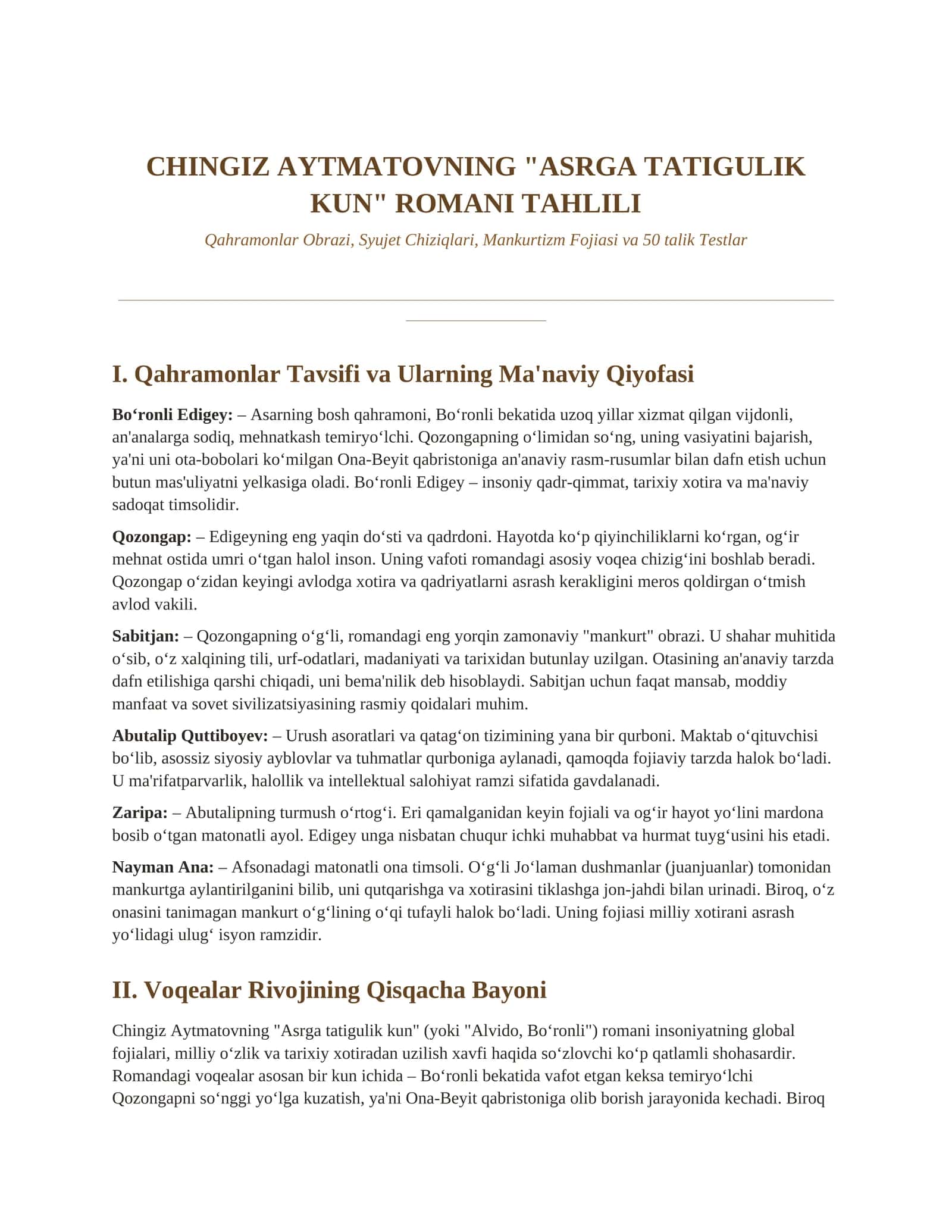 CHINGIZ AYTMATOVNING "ASRGA TATIGULIK KUN" ROMANI TAHLILI