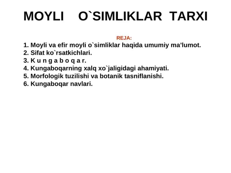 MOYLI O`SIMLIKLARTARXI