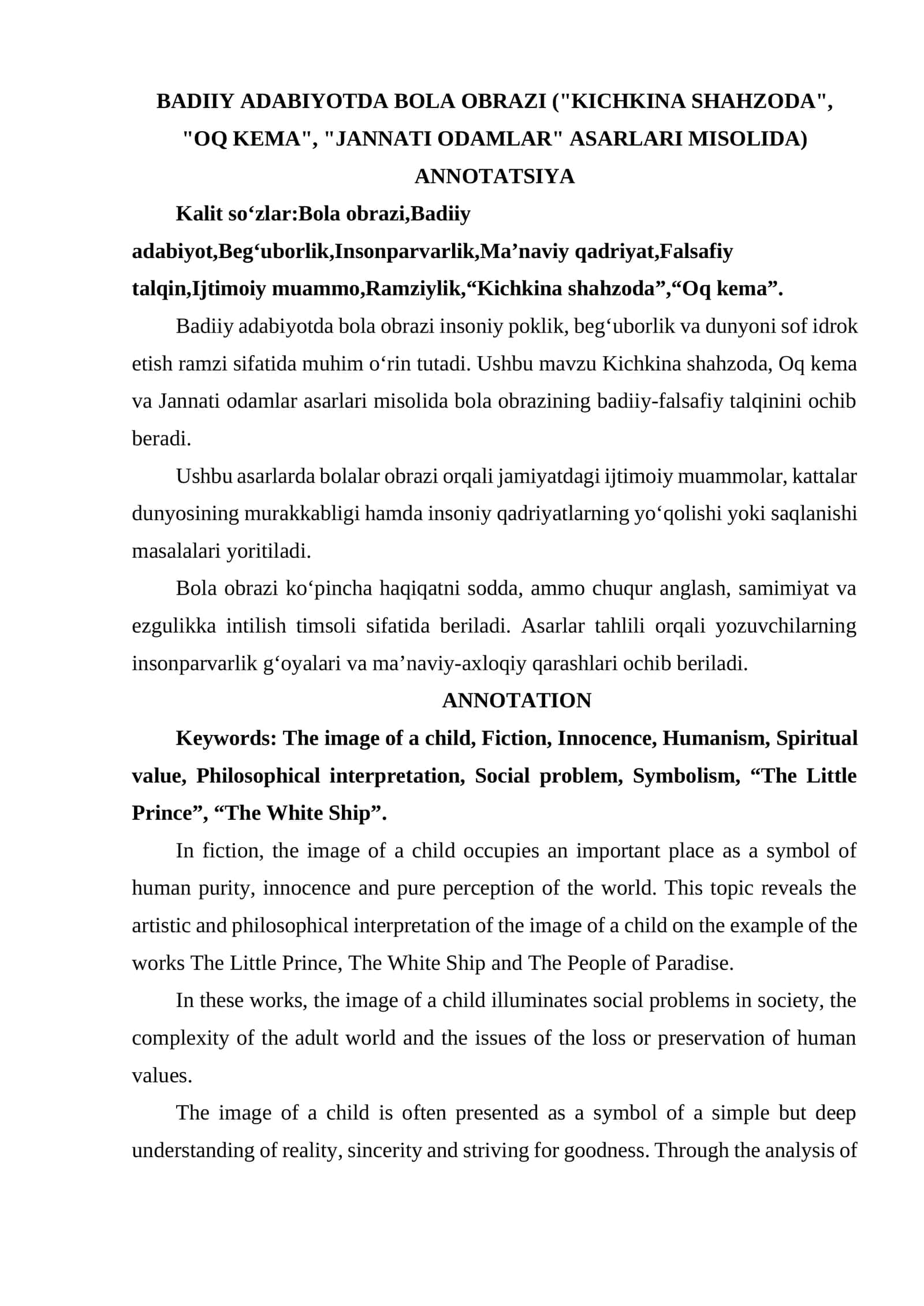 BADIIY ADABIYOTDA BOLA OBRAZI ("KICHKINA SHAHZODA", "OQ KEMA", "JANNATI ODAMLAR" ASARLARI MISOLIDA)