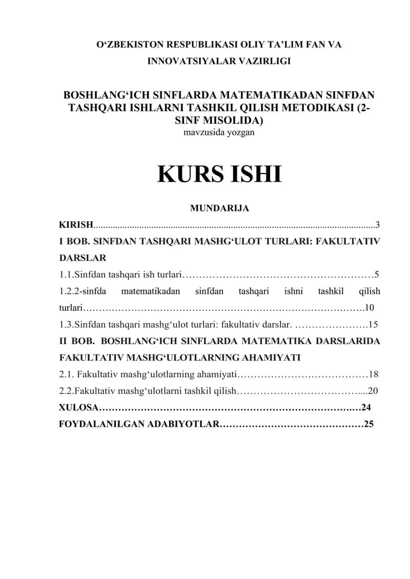 BOSHLANG‘ICH SINFLARDA MATEMATIKADAN SINFDAN TASHQARI ISHLARNI TASHKIL QILISH METODIKASI (2-SINF MISOLIDA)