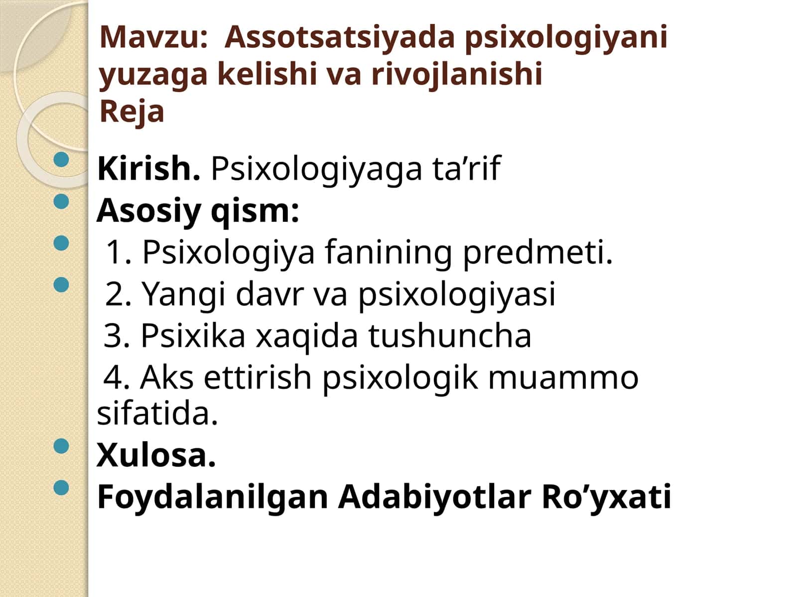 Assotsatsiyada psixologiyani yuzaga kelishi va rivojlanishi
