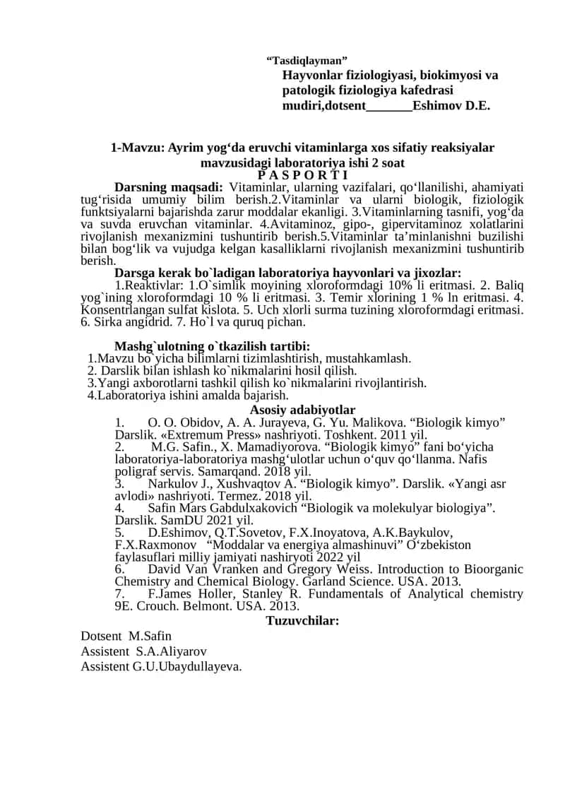 Hayvonlar fiziologiyasi, biokimyosi va patologik fiziologiya kafedrasi mudiri