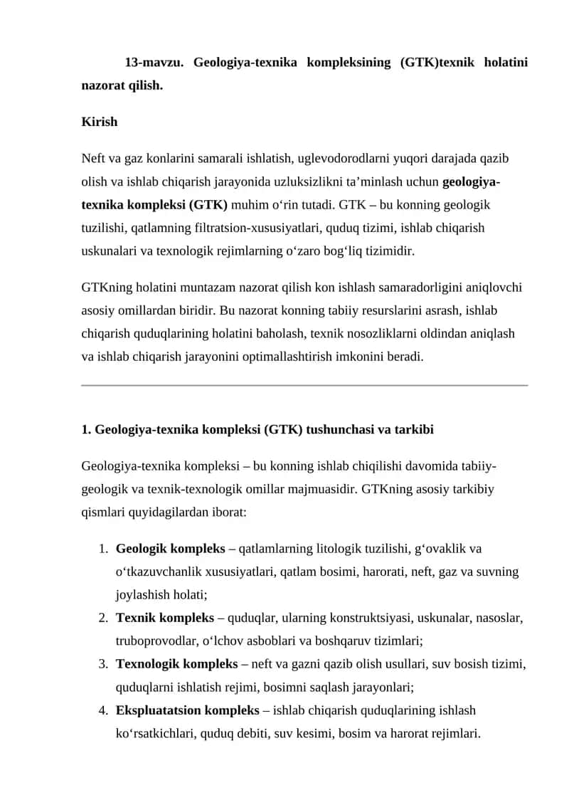 Geologiya-texnika kompleksi (GTK) texnik holatini nazorat qilish