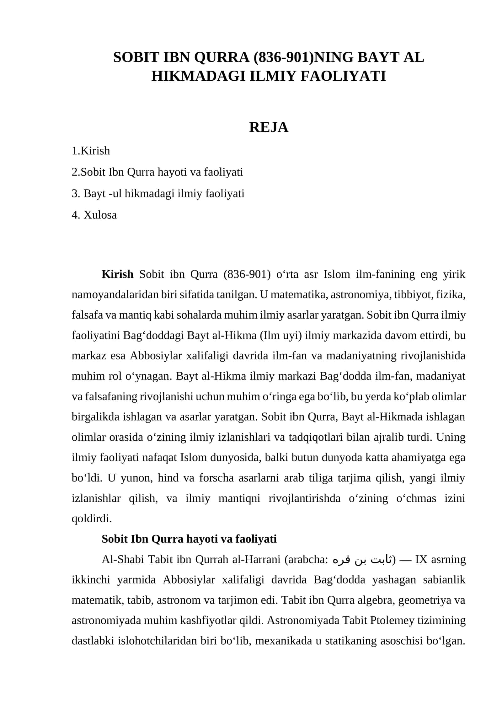 Sobit Ibn Qurra (836-901)NING BAYT AL HIKMADAGI ILMIY FAOLIYATI