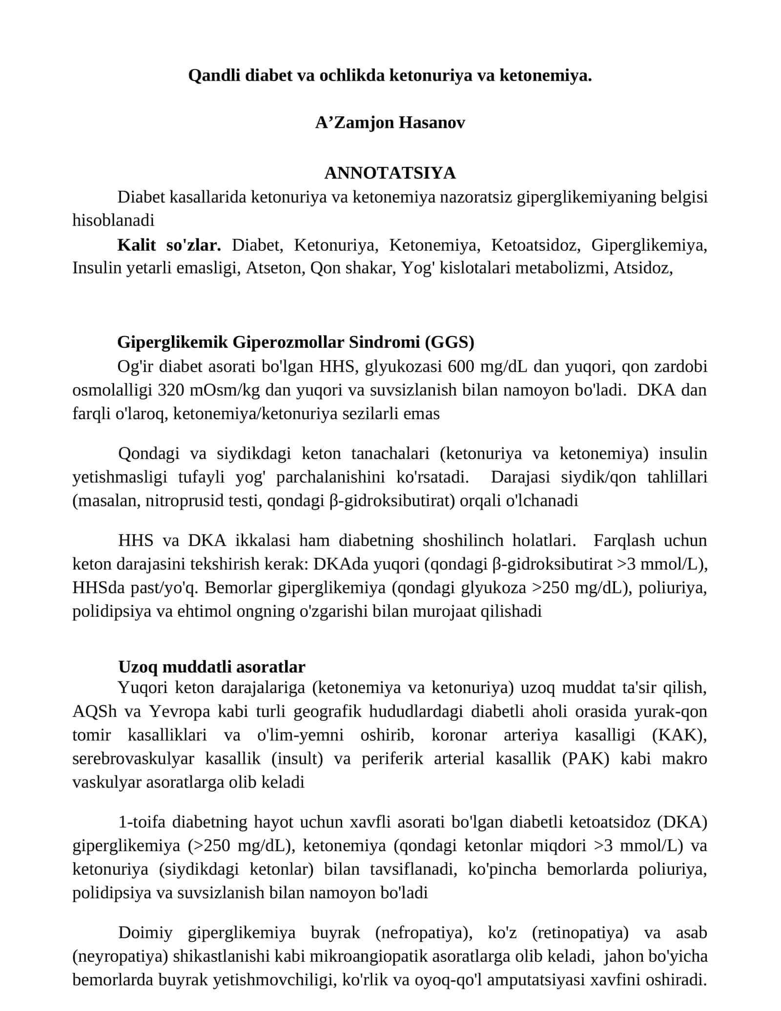 Qandli diabet va ochlikda ketonuriya va ketonemiya