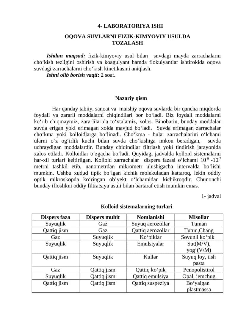 LABORATARIYA ISHI OQOVA SUVLARNI FIZIK-KIMYOVIY USULDA TOZALASH