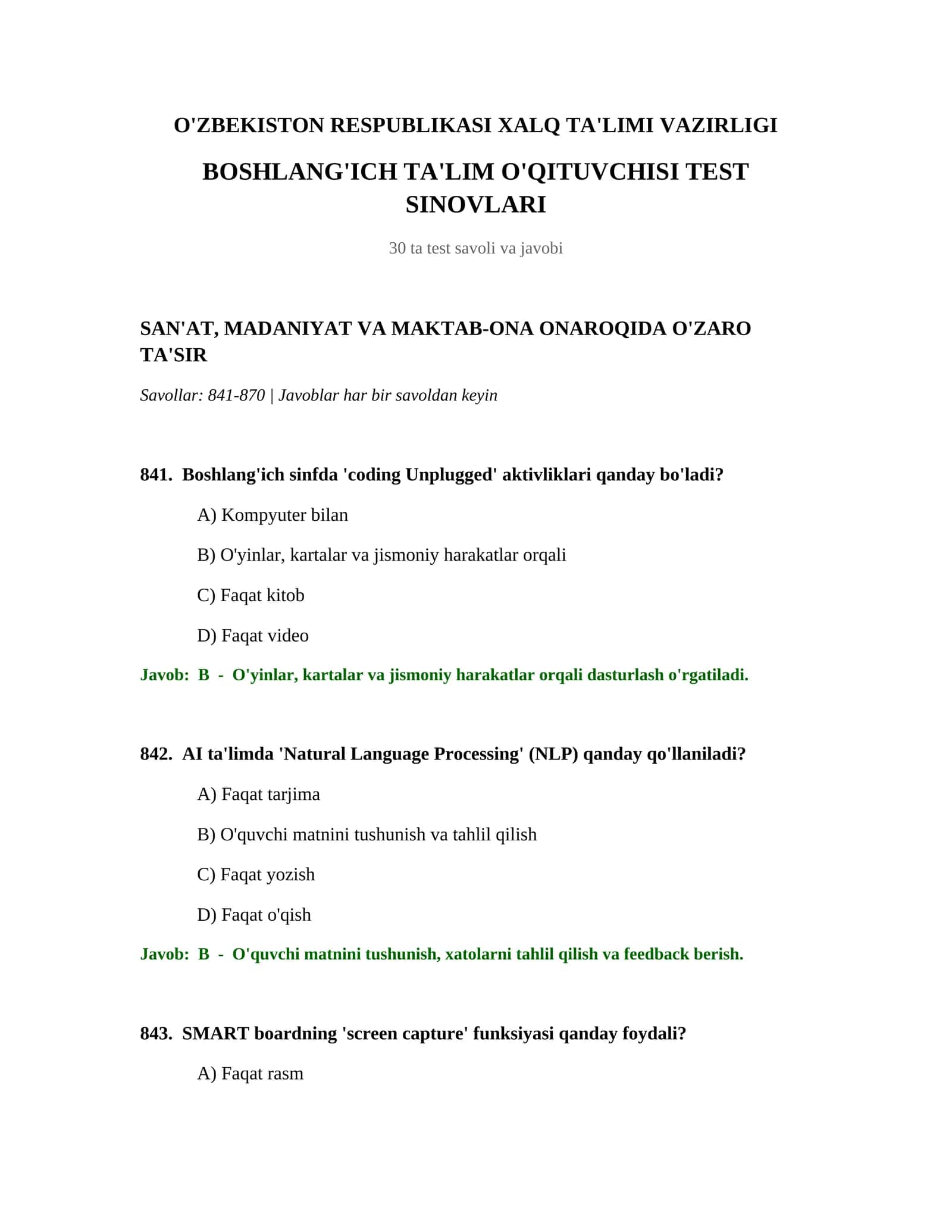 BOSHLANG'ICH TA'LIM O'QITUVCHISI TEST SINOVLARI
