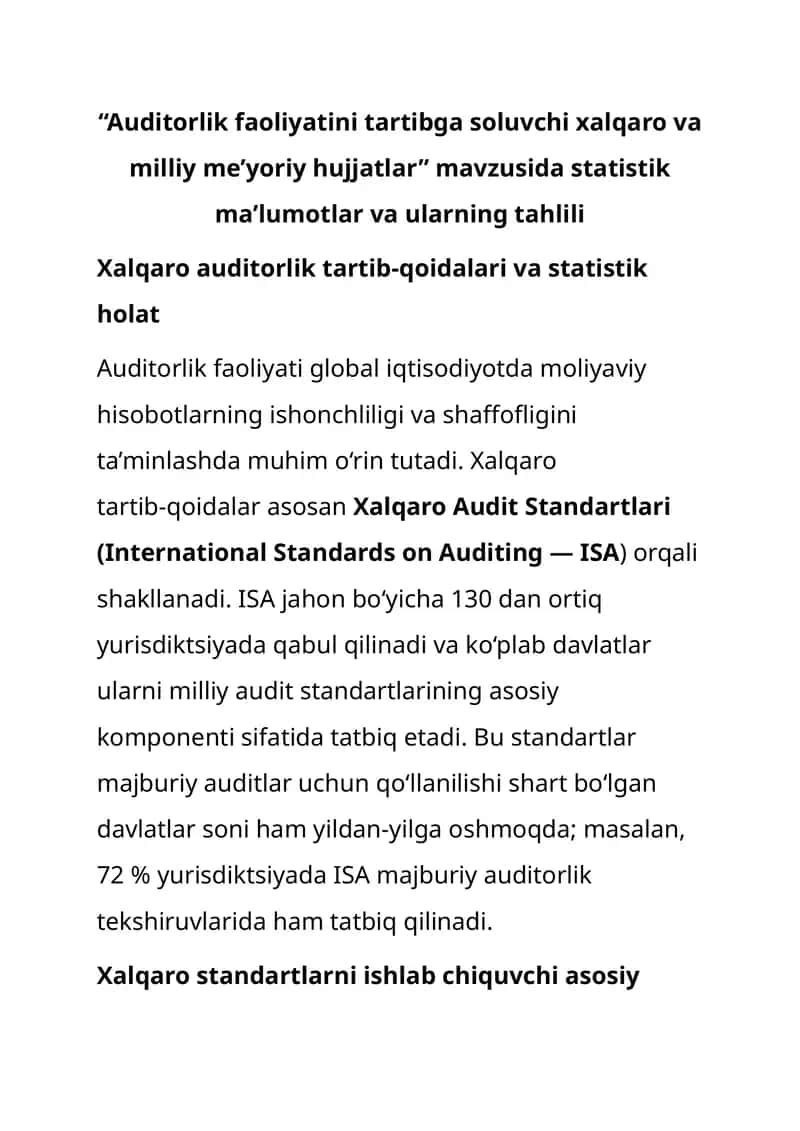 Auditorlik faoliyatini tartibga soluvchi xalqaro va milliy me’yoriy hujjatlar