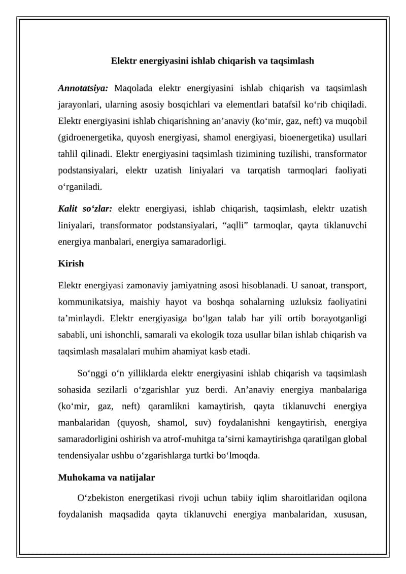 Elektr energiyasini ishlab chiqarish va taqsimlash
